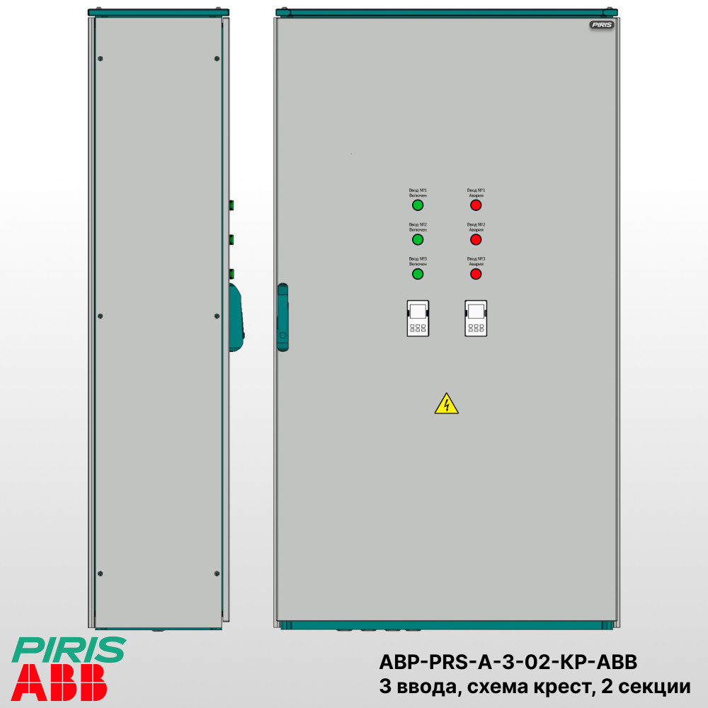 Шкаф АВР 3 ввода, 63А, мотор-автоматы, 2 секции распредления, схема крест, ABB