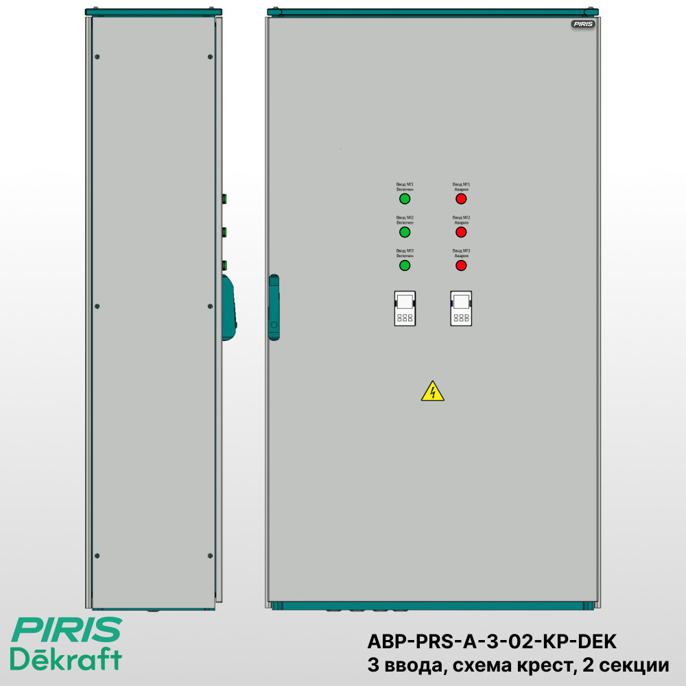 Шкаф АВР 3 ввода, 200А, мотор-автоматы, 2 секции распредления, схема крест, Dekraft