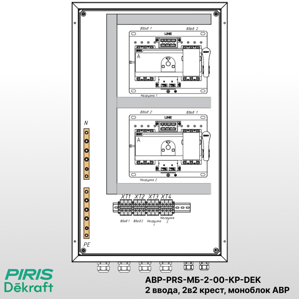 Шкаф АВР 2 ввода, 63А, схема 2в2 крест, на моноблоках Dekraft