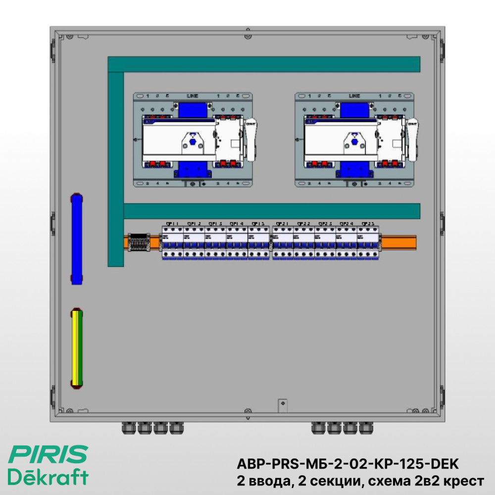Шкаф АВР 2 ввода, 125А, схема 2в2 крест, 2 секции распределения на моноблоках Dekraft