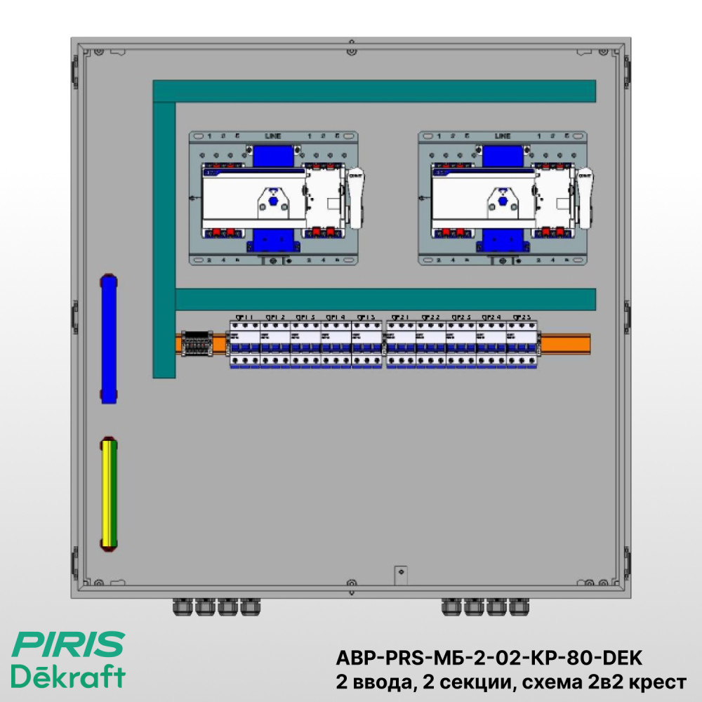 Шкаф АВР 2 ввода, 80А, схема 2в2 крест, 2 секции распределения на моноблоках Dekraft