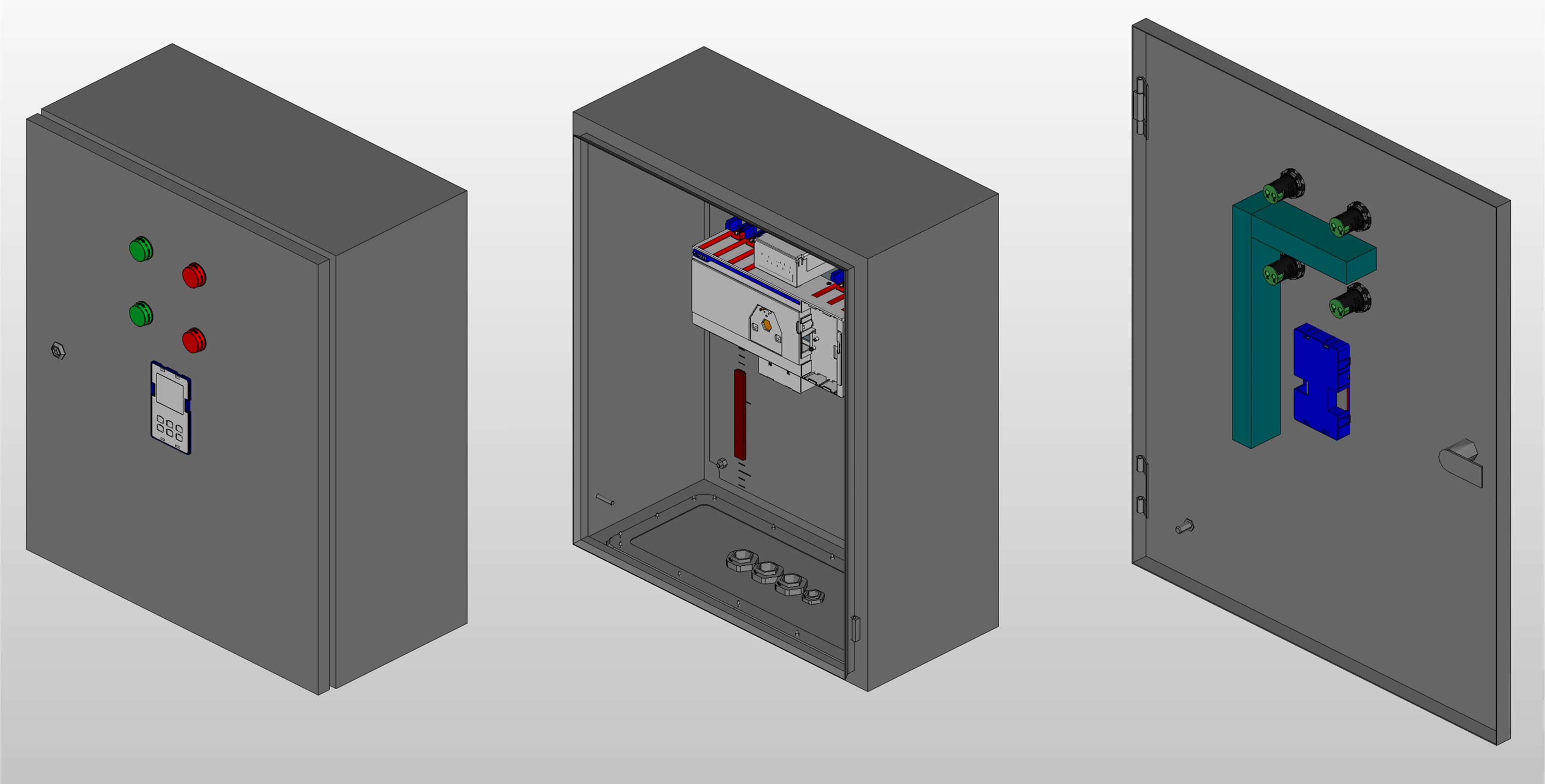 3D вид шкафа АВР на 100А, на моноблоке АВР CHINT с 2 вводами
