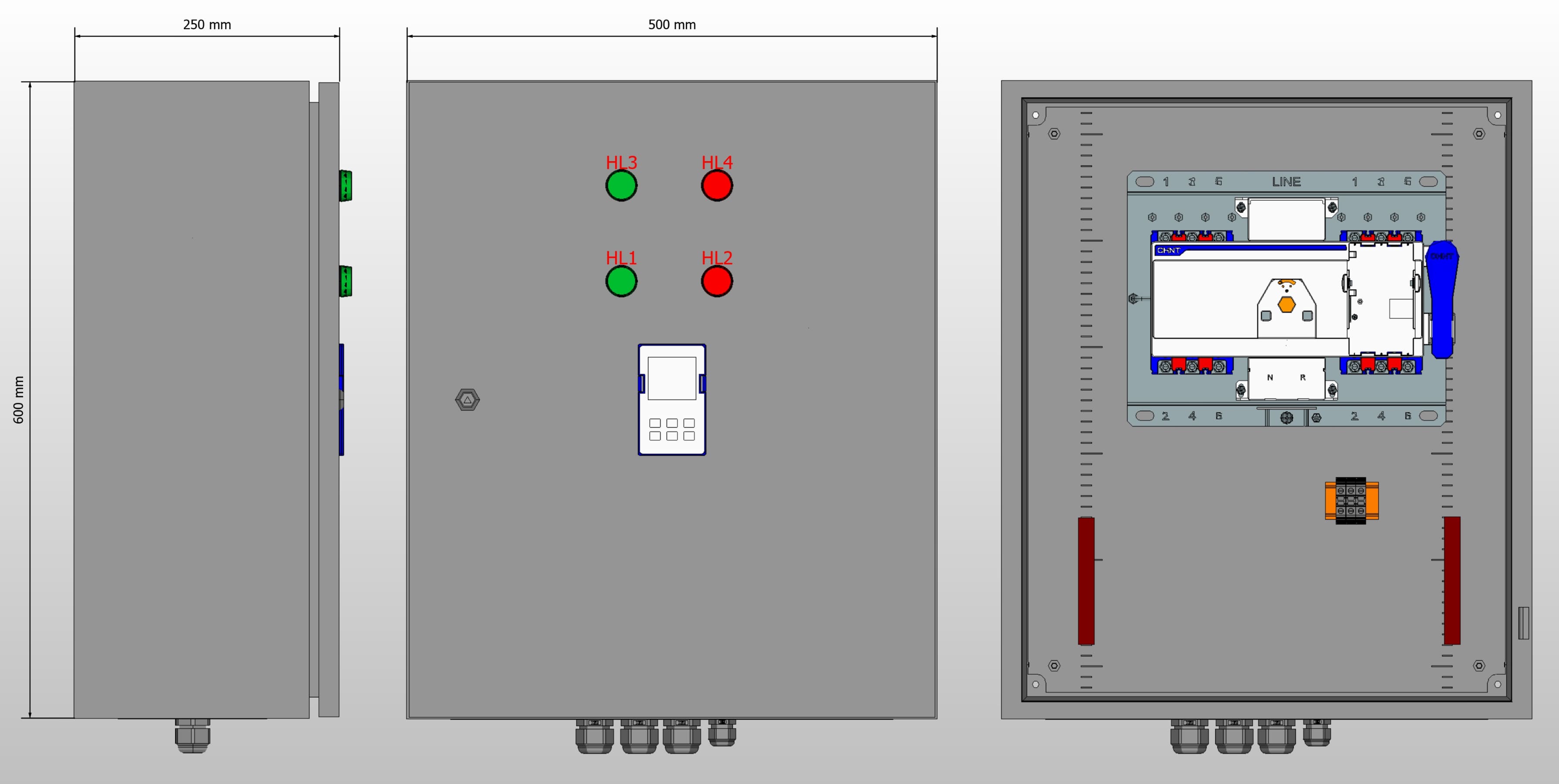 Габариты шкафа АВР на 100А, на моноблоке АВР CHINT с 2 вводами