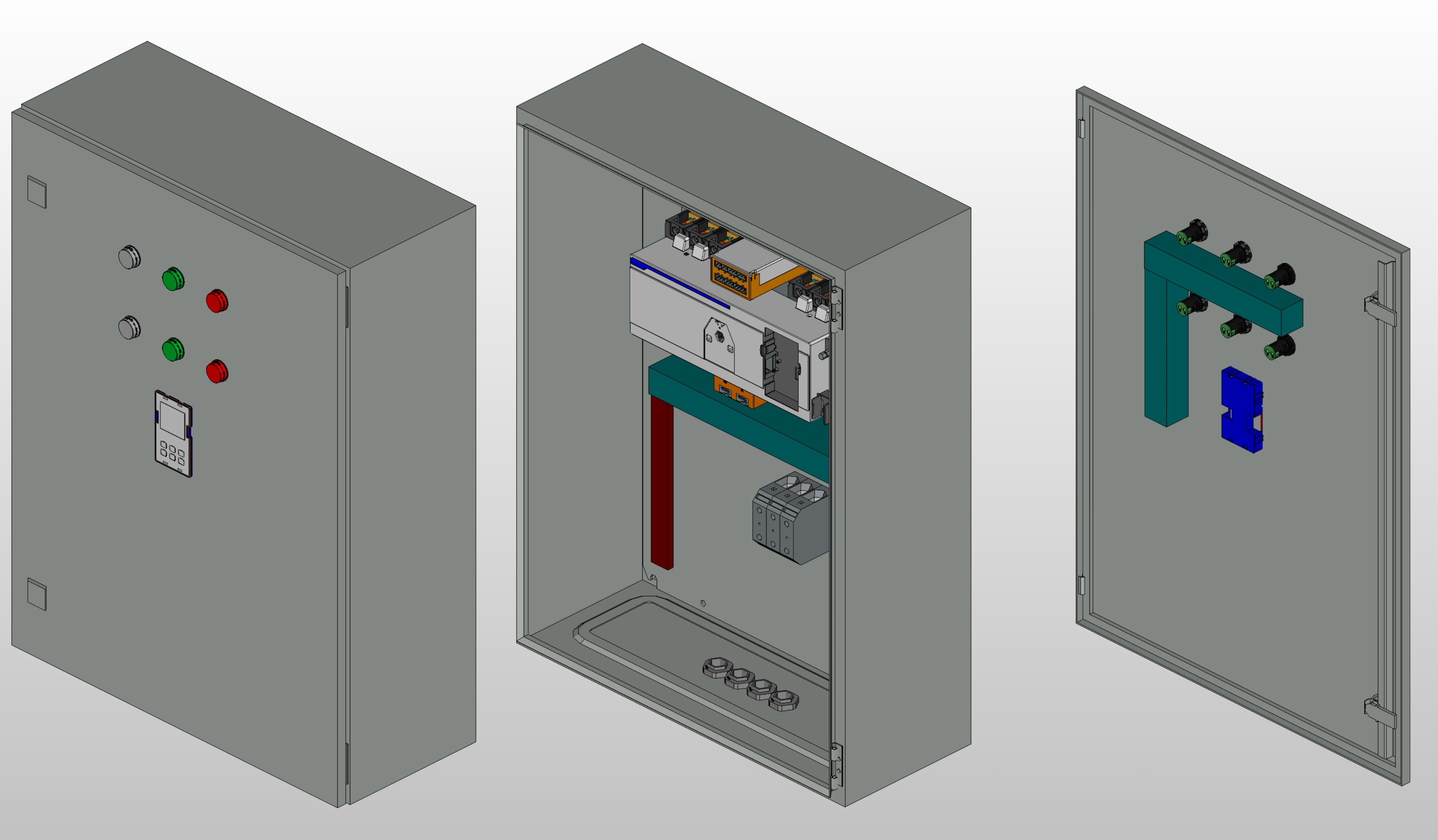 3D вид шкафа АВР на 125А, на моноблоке АВР Andeli с 2 вводами