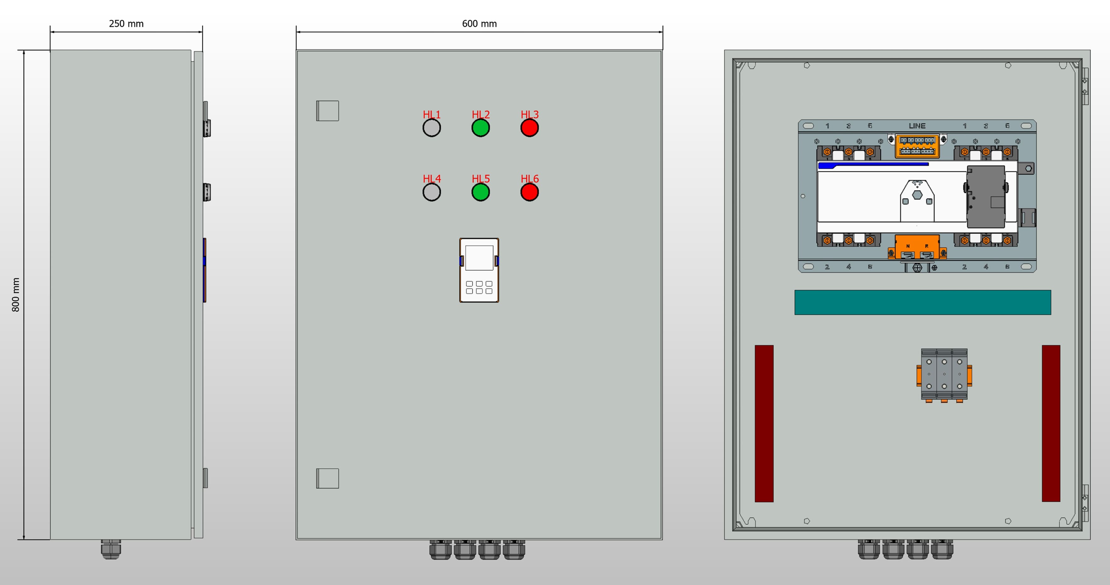 Габариты шкафа АВР на 125А, на моноблоке АВР Andeli с 2 вводами