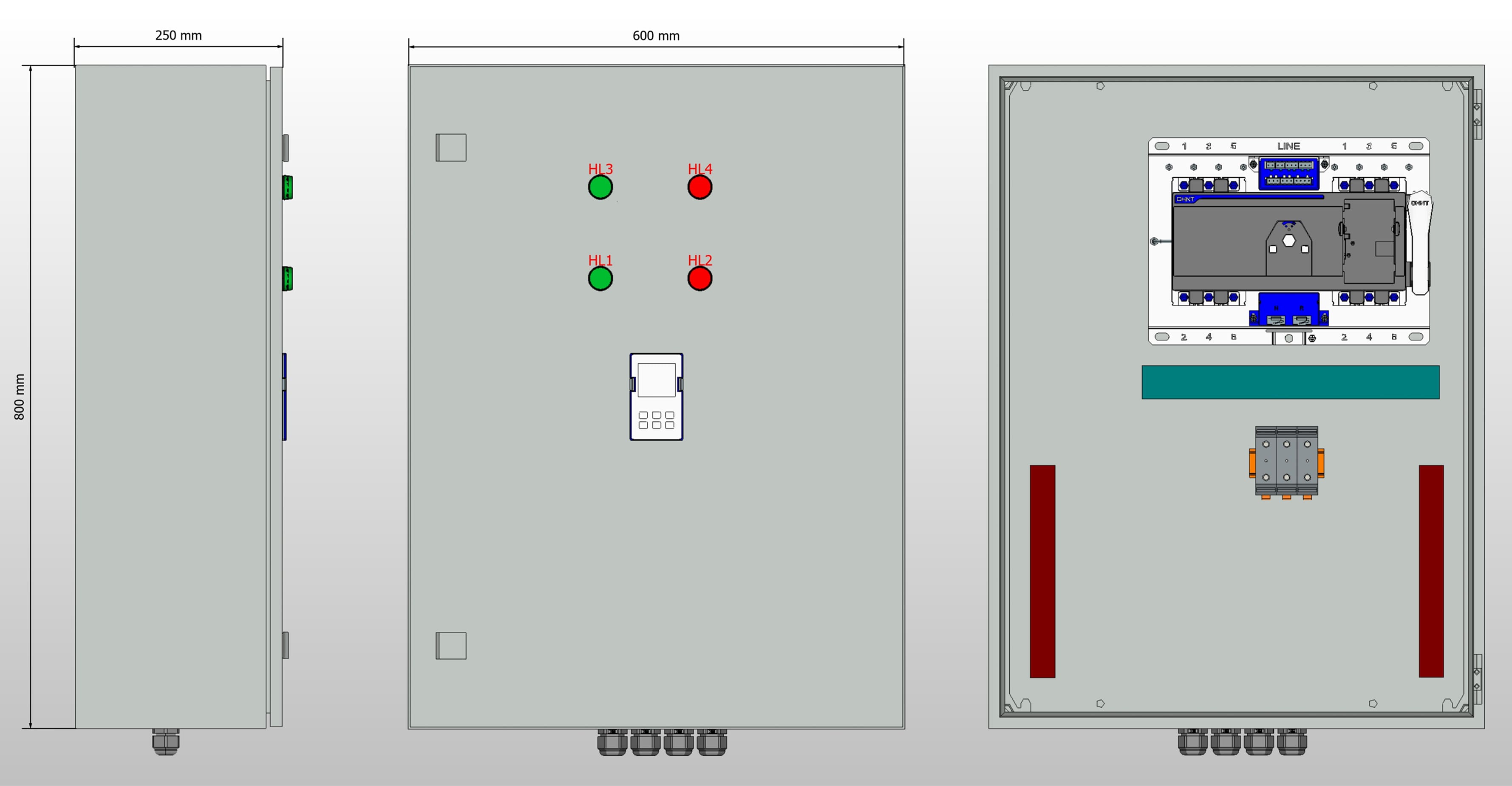 Габариты шкафа АВР на 160А, на моноблоке АВР CHINT с 2 вводами