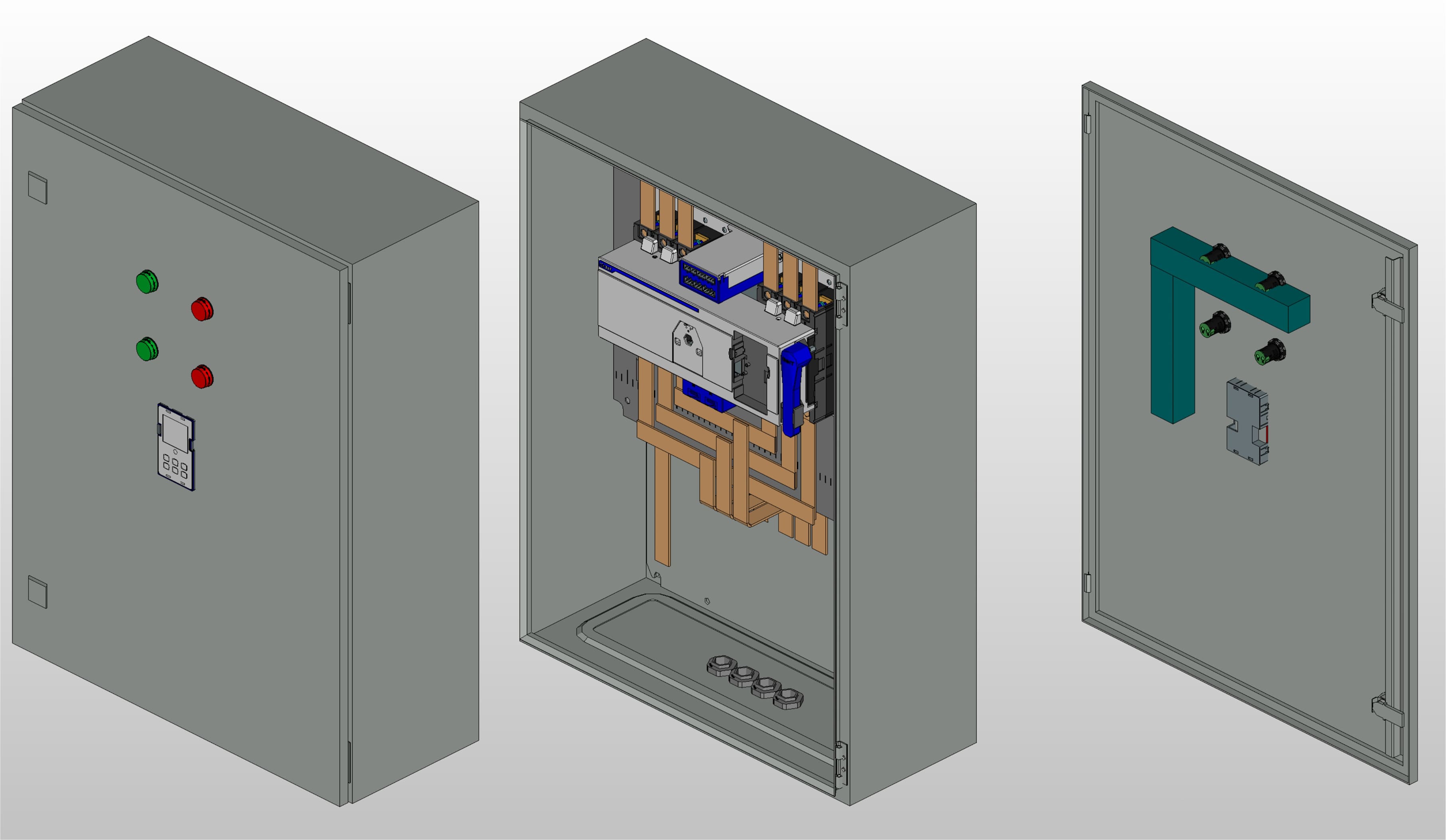 3D вид шкафа АВР на 200А, на моноблоке CHINT с 2 вводами