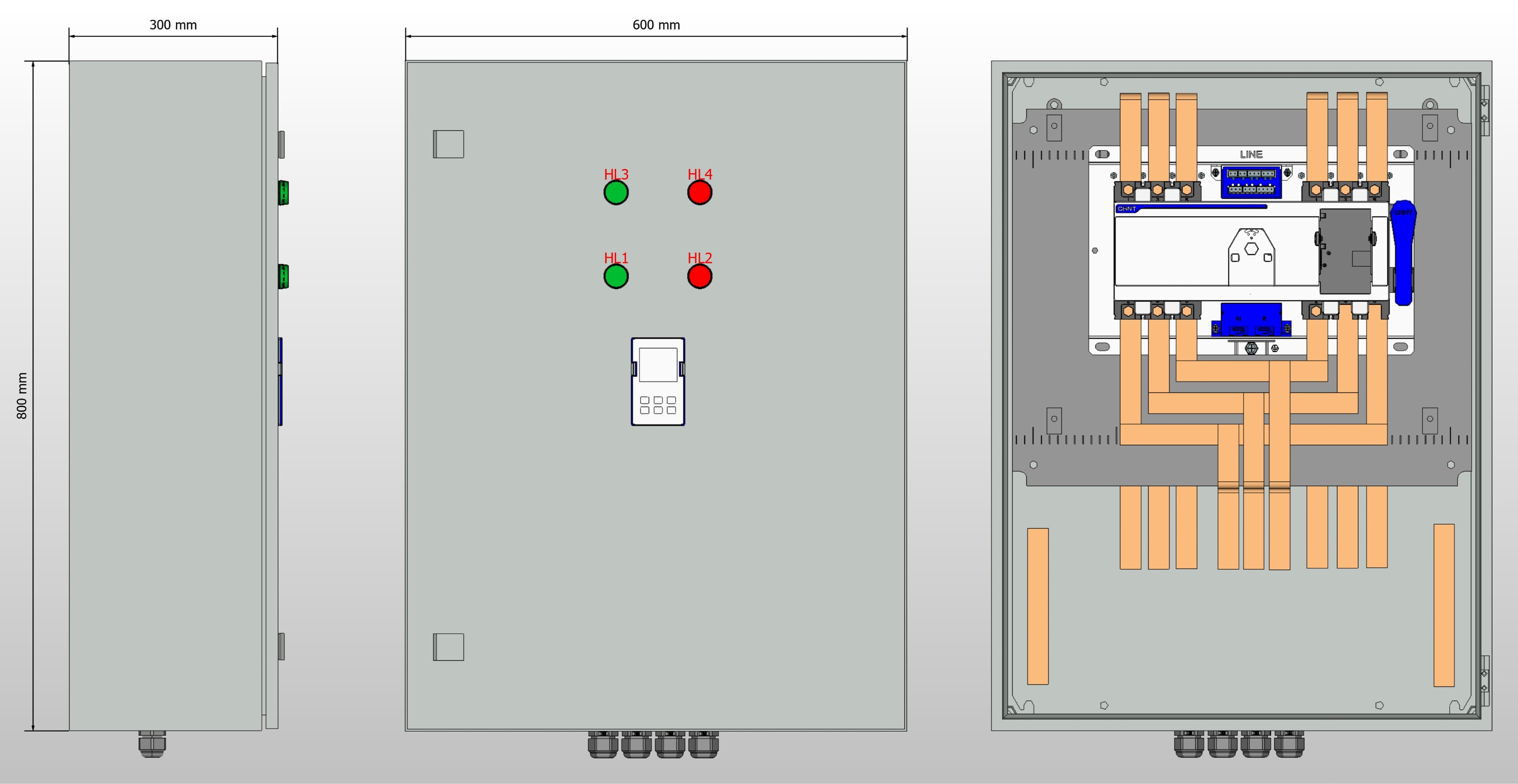 Габариты шкафа АВР на 200А, на моноблоке АВР CHINT с 2 вводами