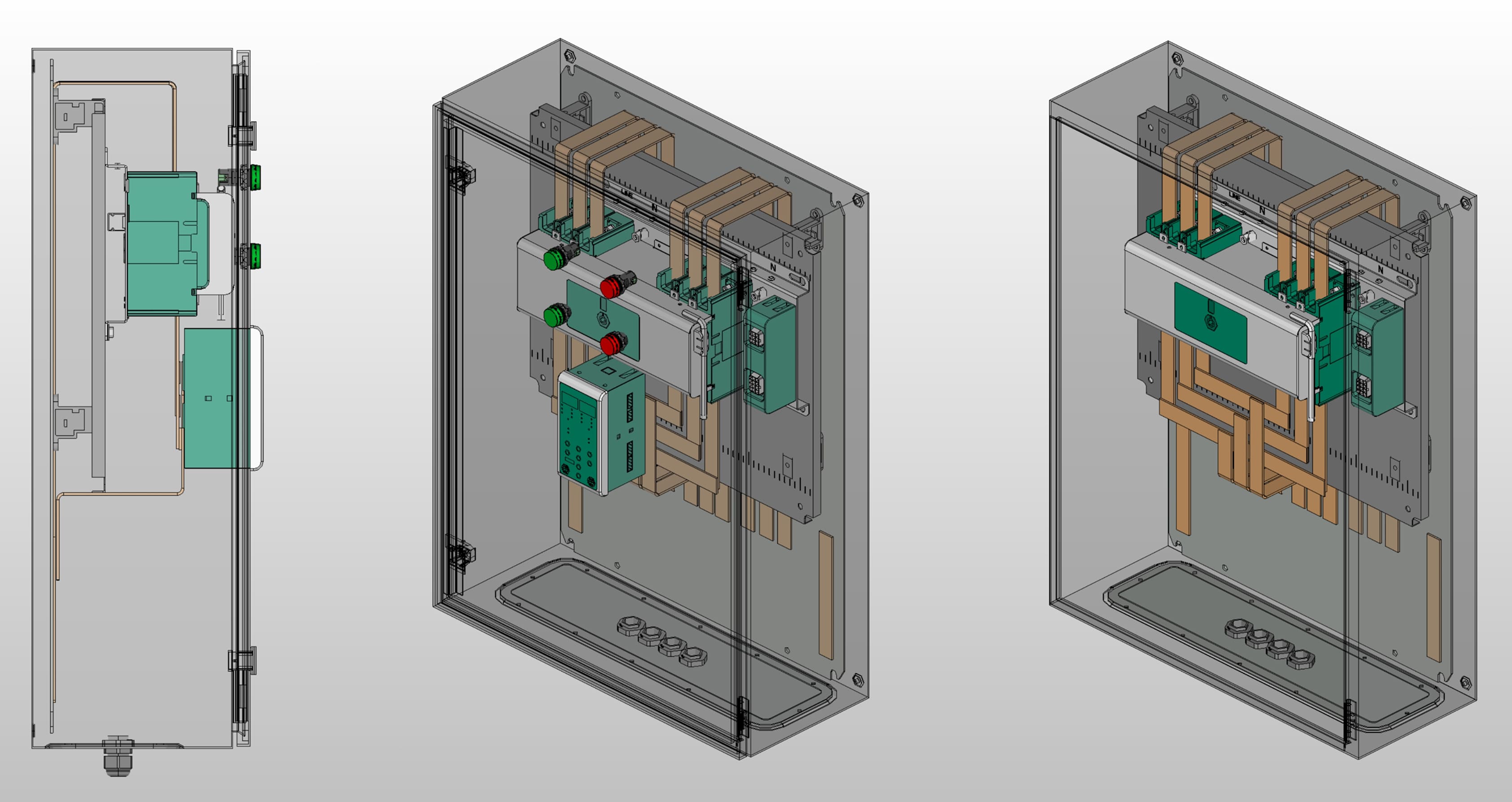 3D вид шкафа АВР на 200А, на моноблоке Dekraft с 2 вводами