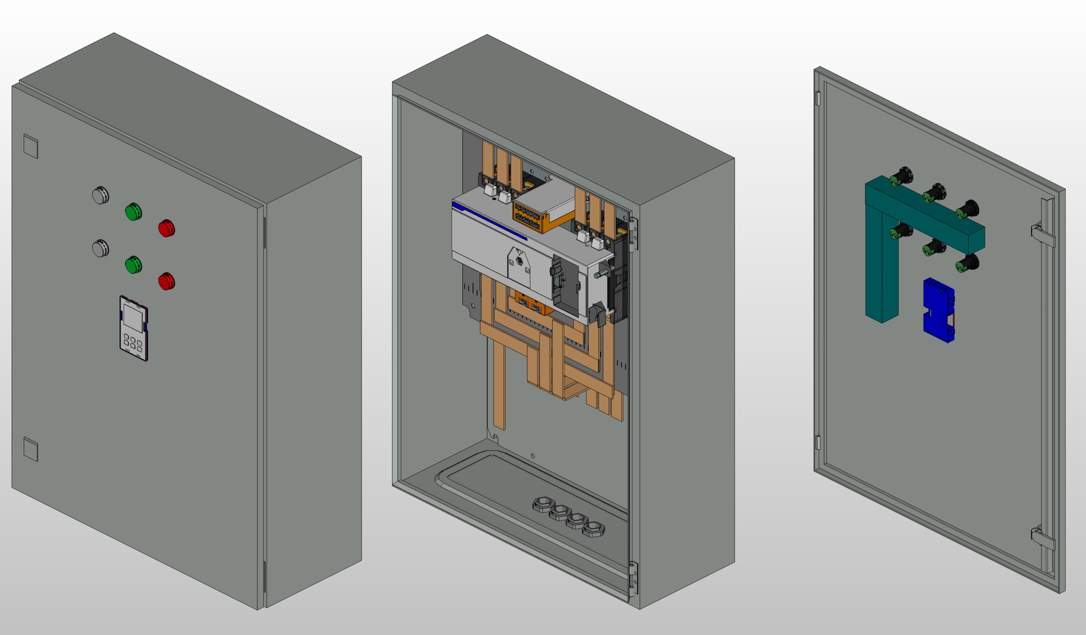 3D вид шкафа АВР на 250А, на моноблоке Andeli с 2 вводами