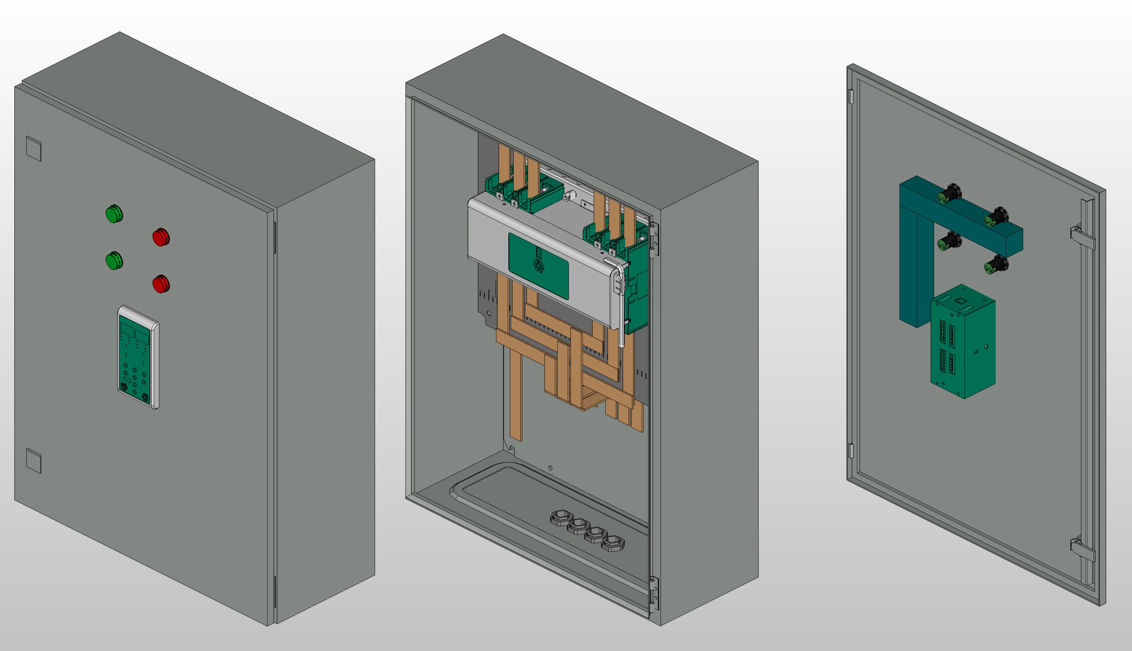 3D вид шкафа АВР на 250А, на моноблоке CHINT с 2 вводами