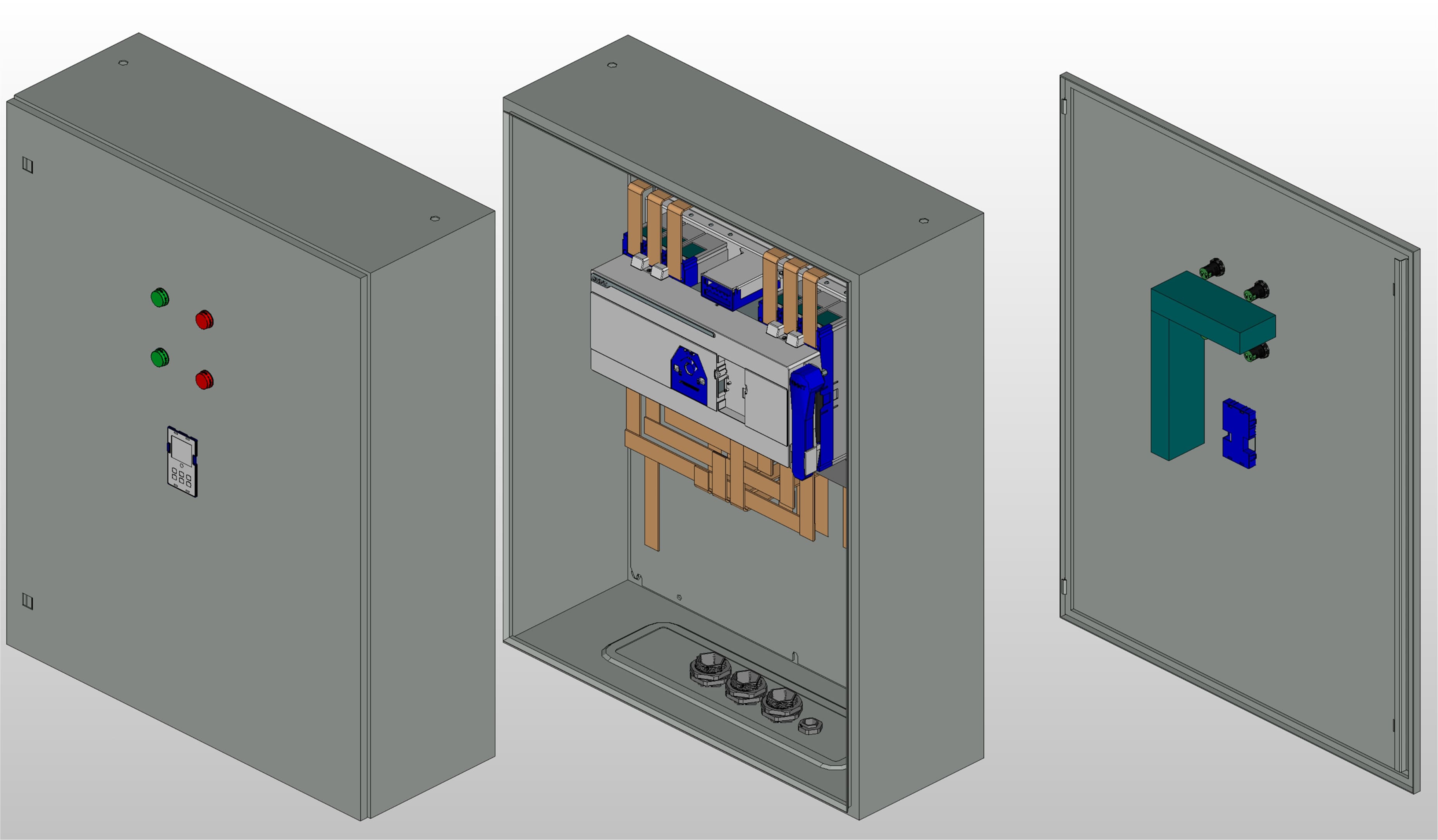3D вид шкафа АВР на 350А, на моноблоке CHINT с 2 вводами