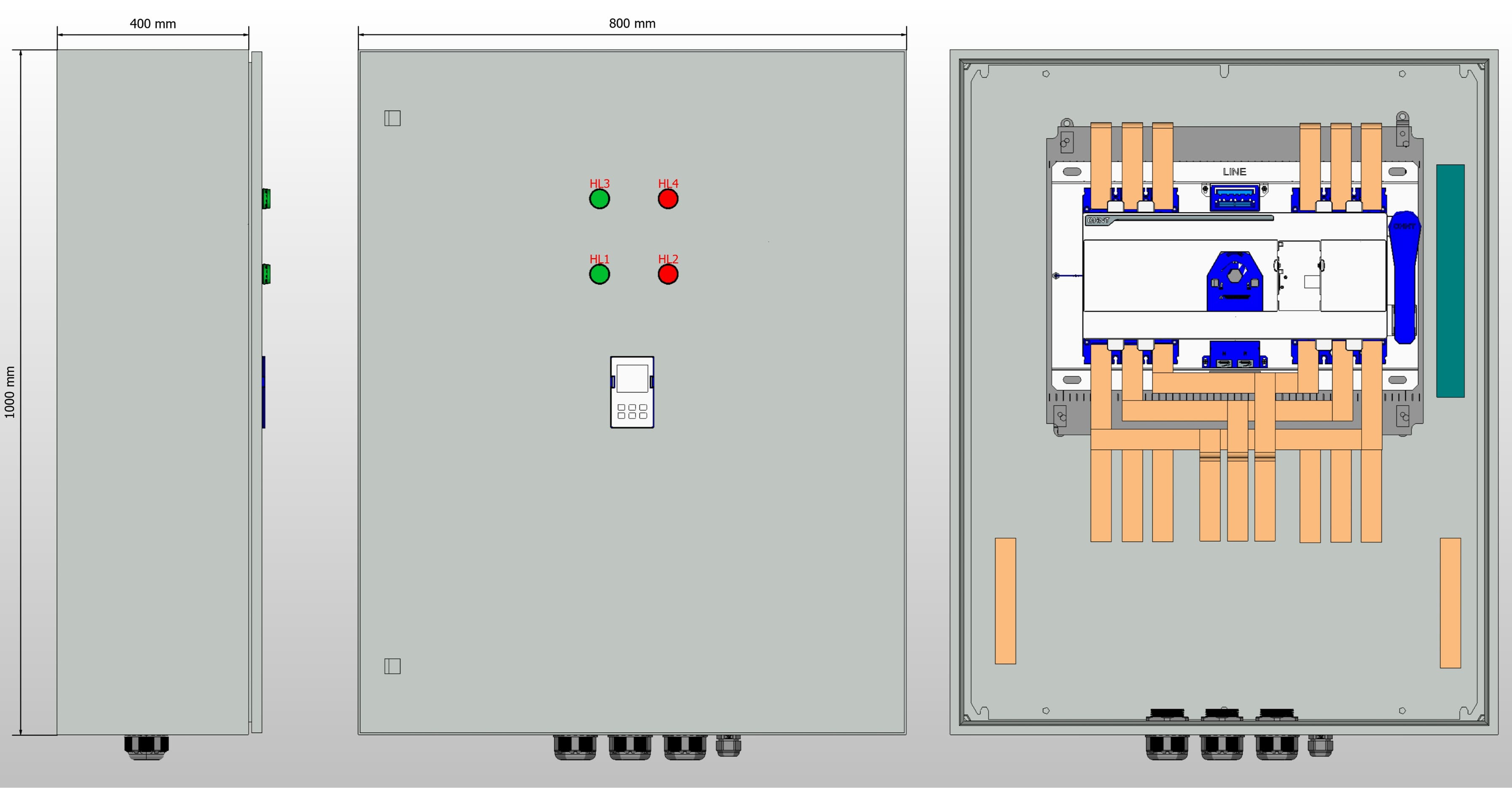 Габариты шкафа АВР на 350А, на моноблоке АВР CHINT с 2 вводами