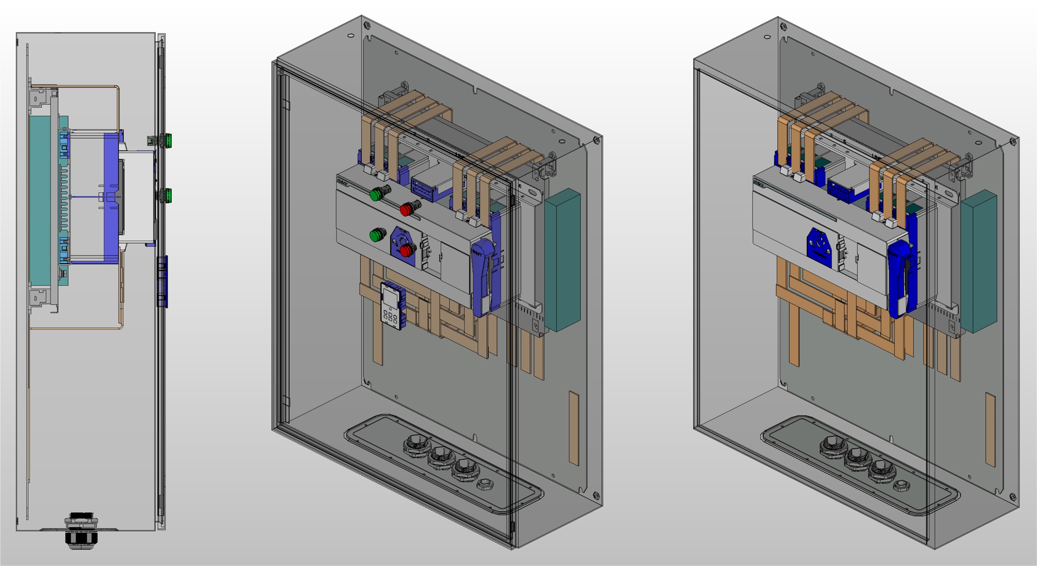 3D вид шкафа АВР на 400А, на моноблоке CHINT с 2 вводами