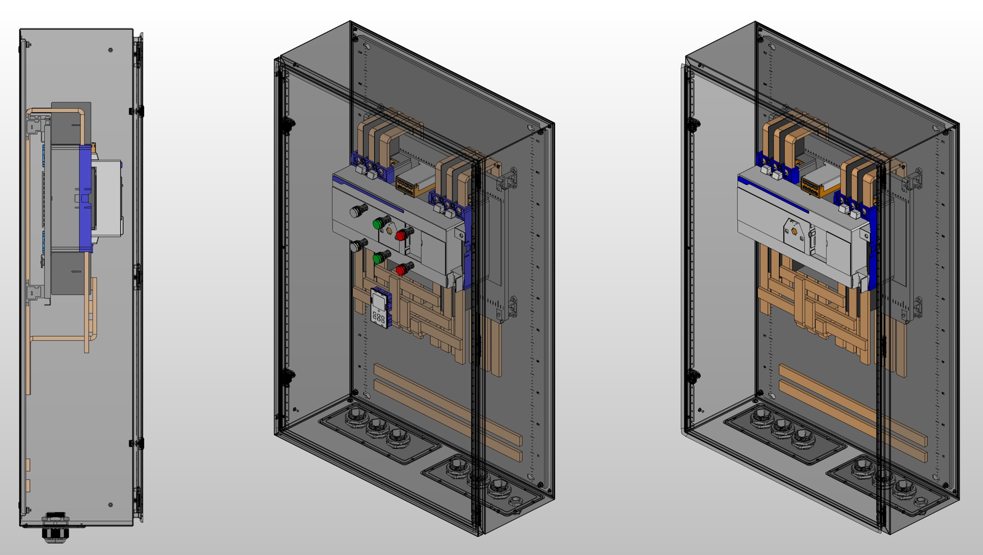 3D вид шкафа АВР на 500А, на моноблоке Andeli с 2 вводами