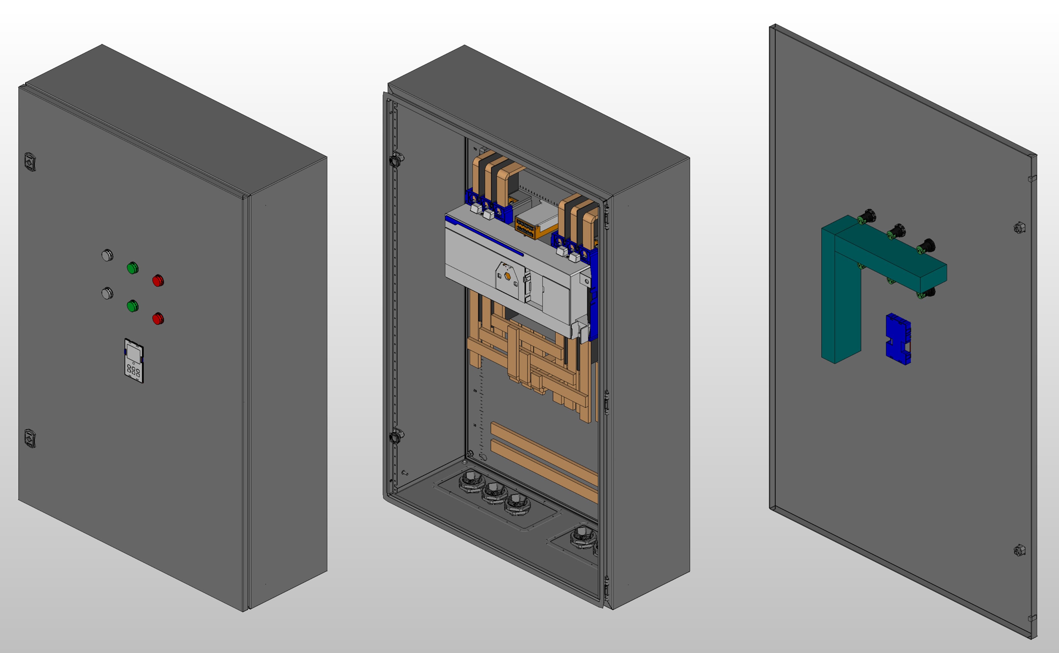 3D вид шкафа АВР на 500А, на моноблоке Andeli с 2 вводами