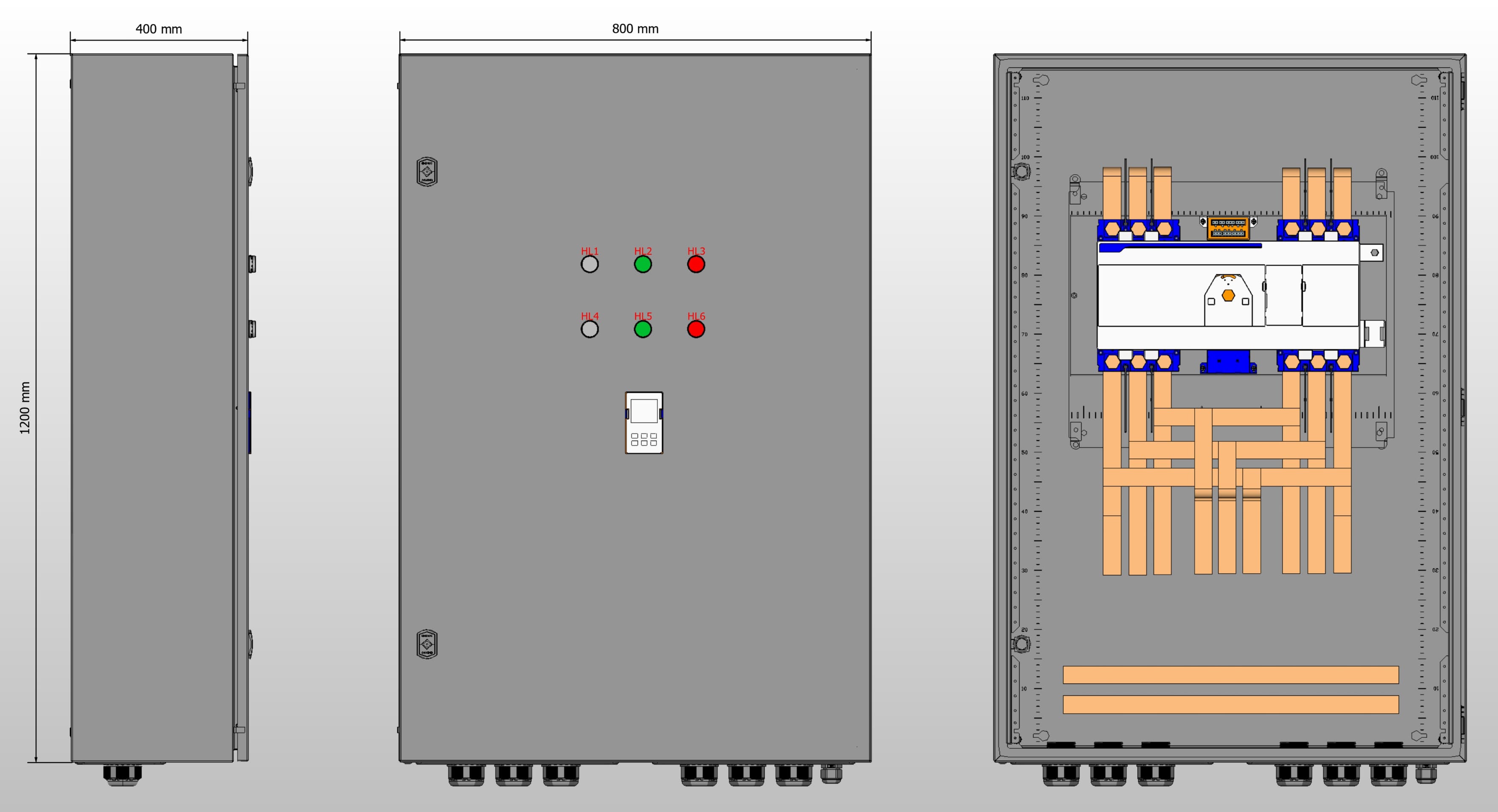 Габариты шкафа АВР на 500А, на моноблоке АВР Andeli с 2 вводами