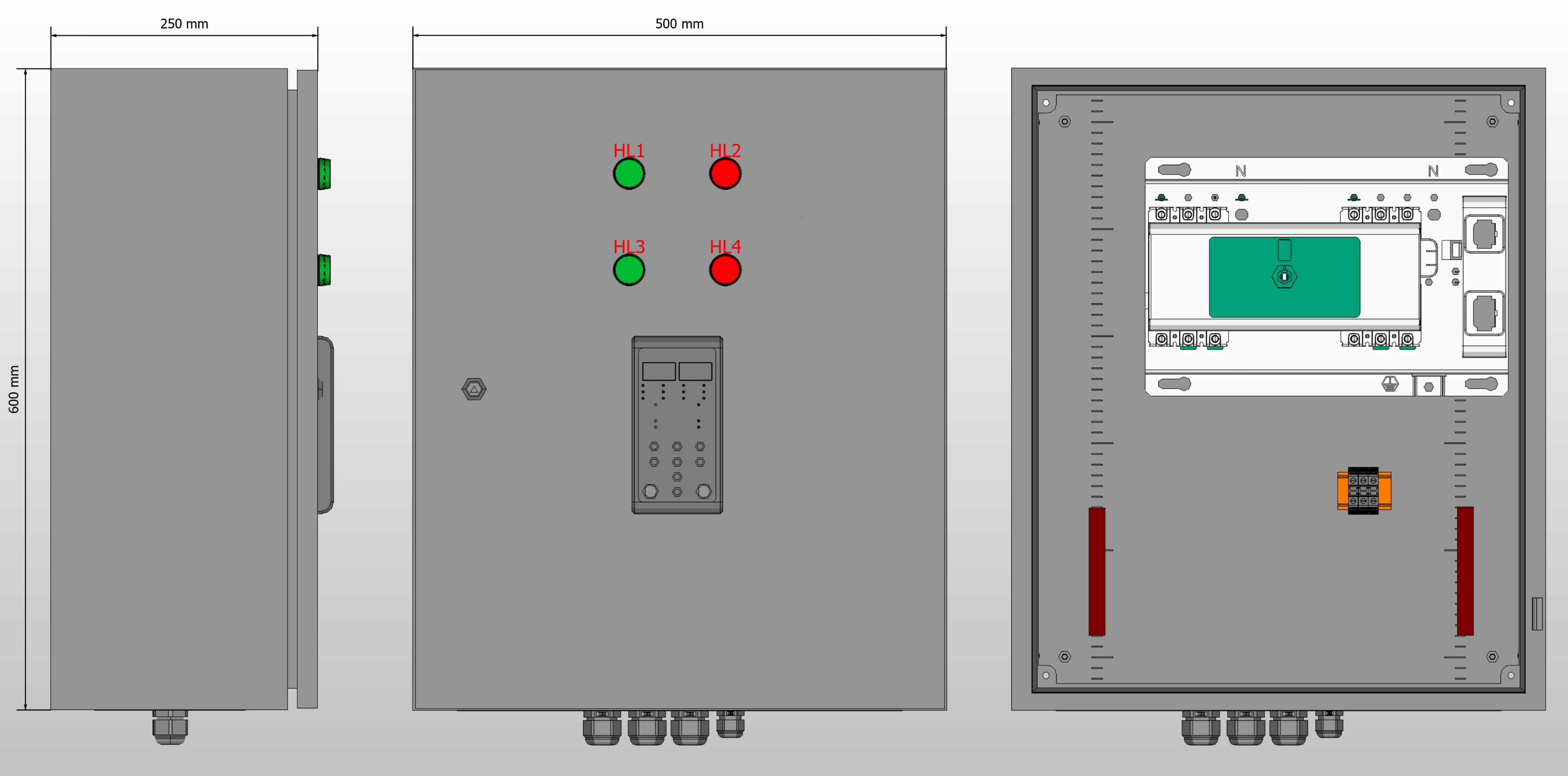 Габариты шкафа АВР на 50А, на моноблоке АВР Dekraft с 2 вводами