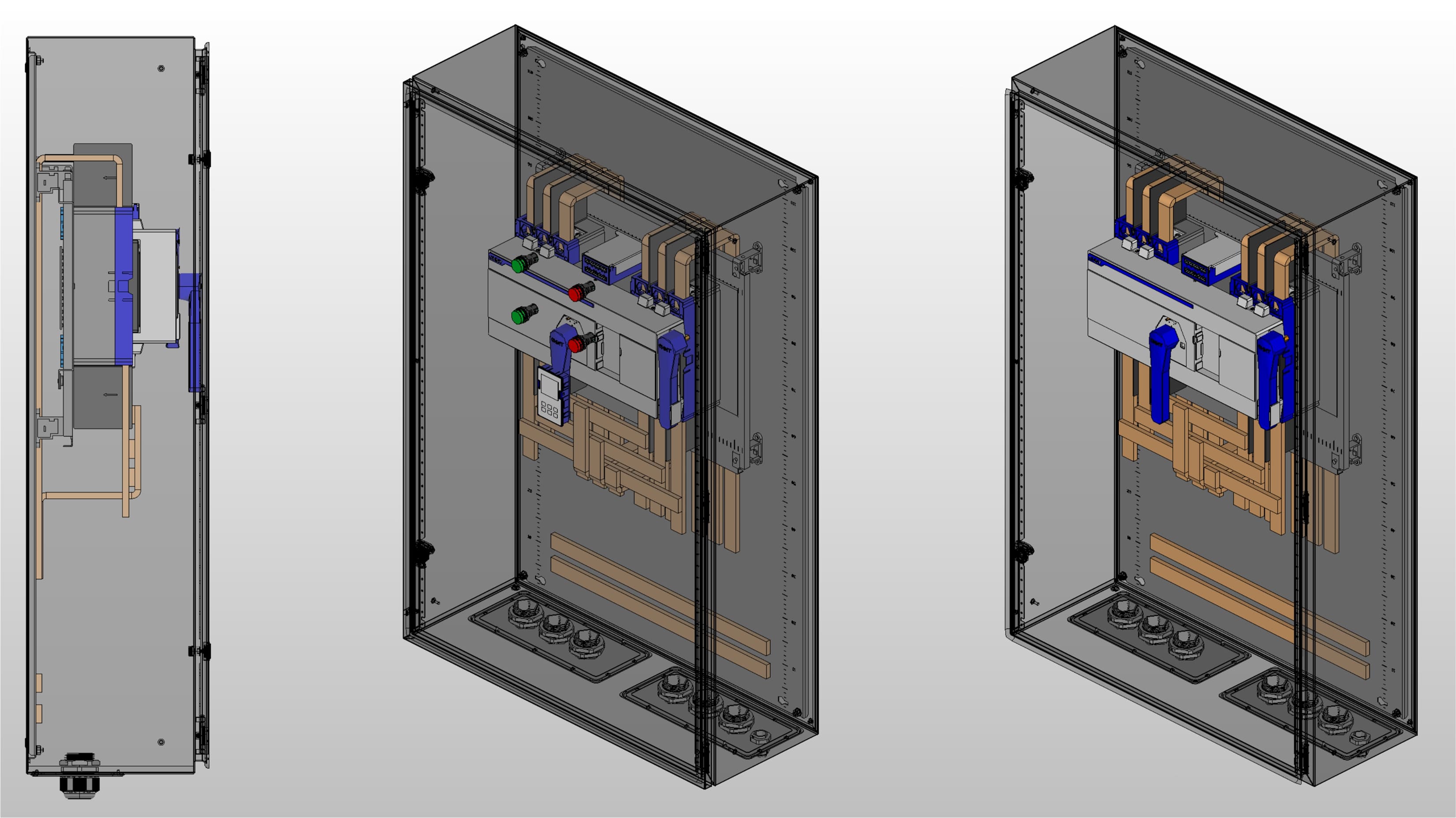 3D вид шкафа АВР на 630А, на моноблоке CHINT с 2 вводами