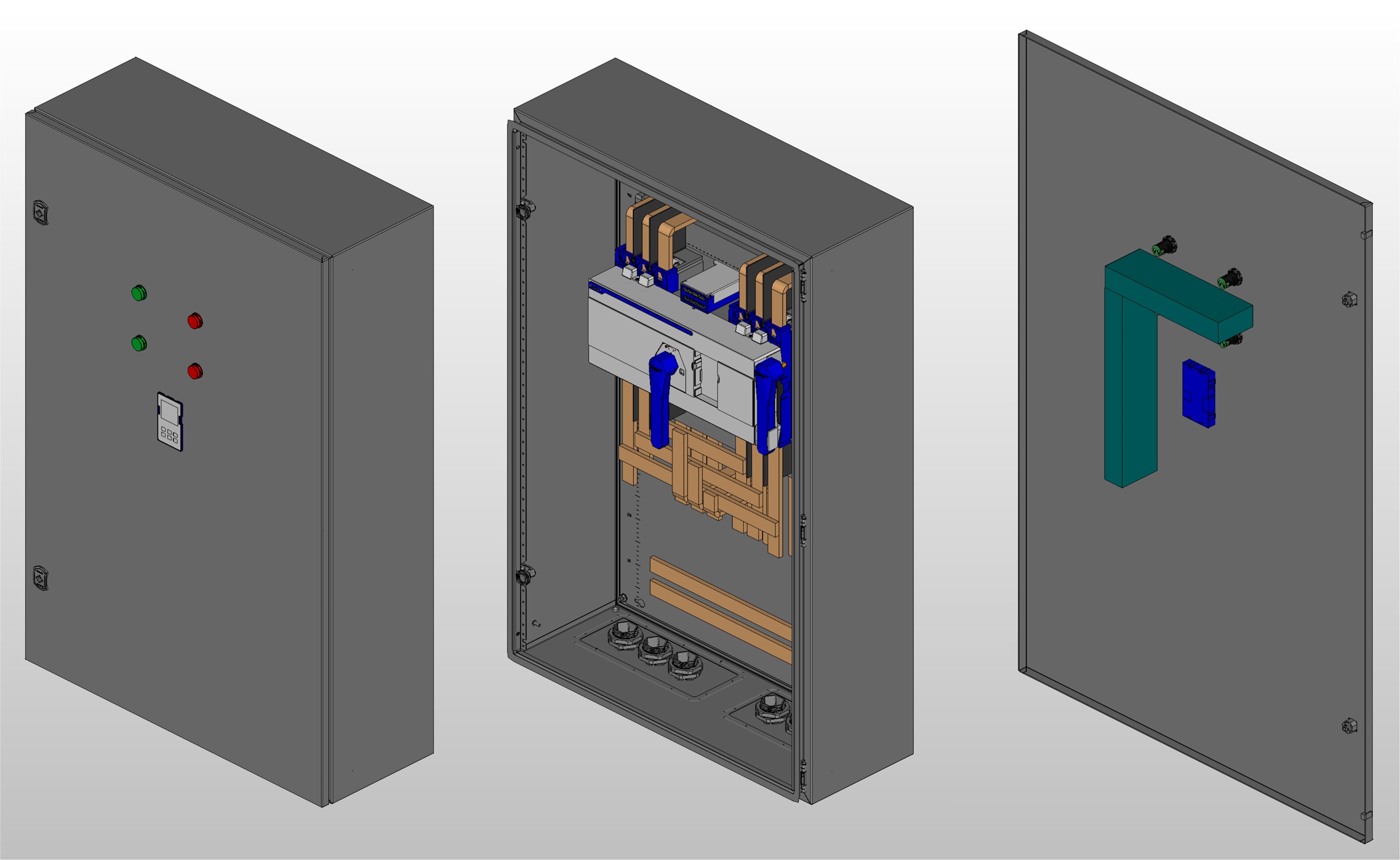 3D вид шкафа АВР на 630А, на моноблоке CHINT с 2 вводами