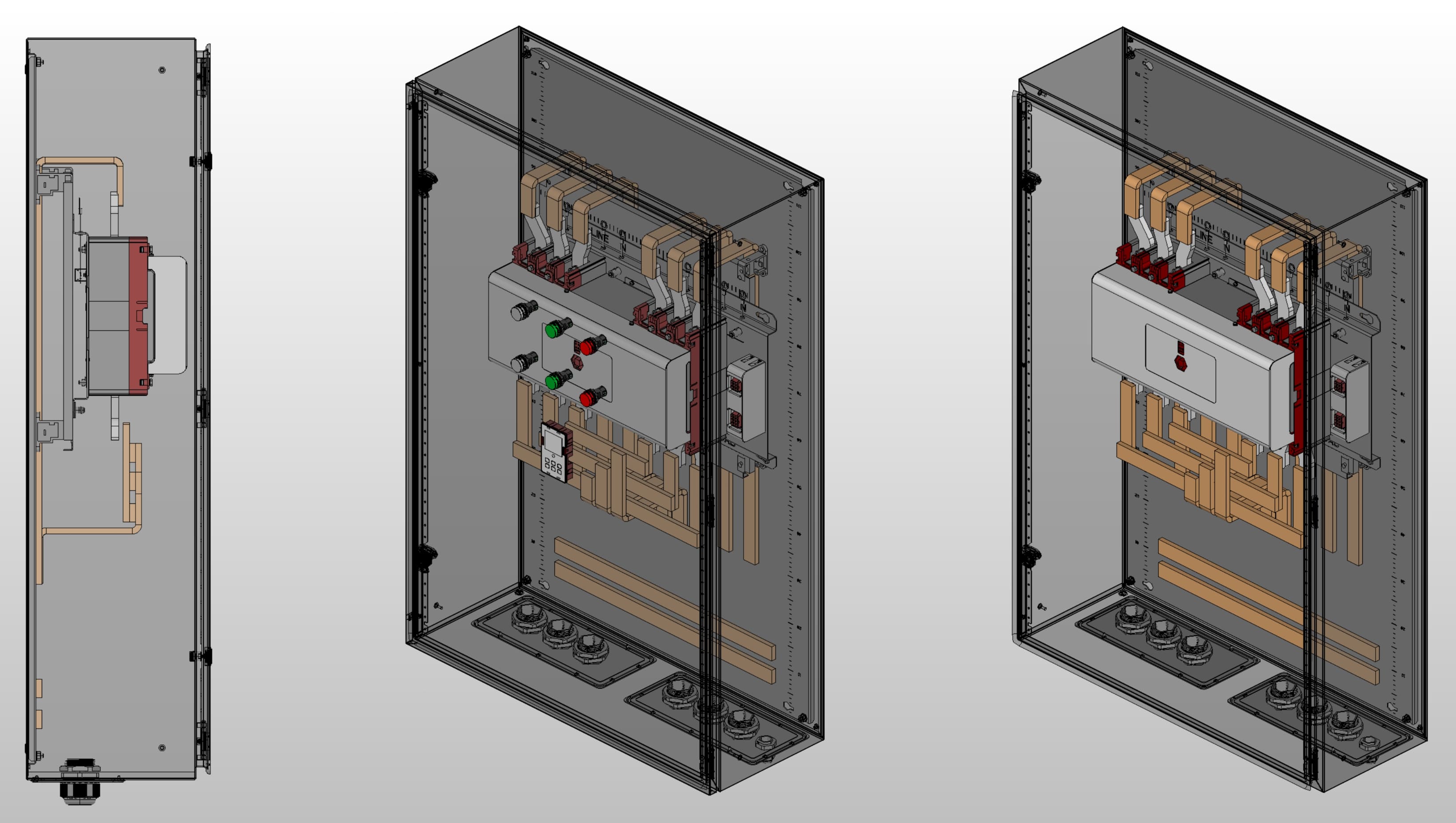 3D вид шкафа АВР на 630А, на моноблоке CHINT с 2 вводами