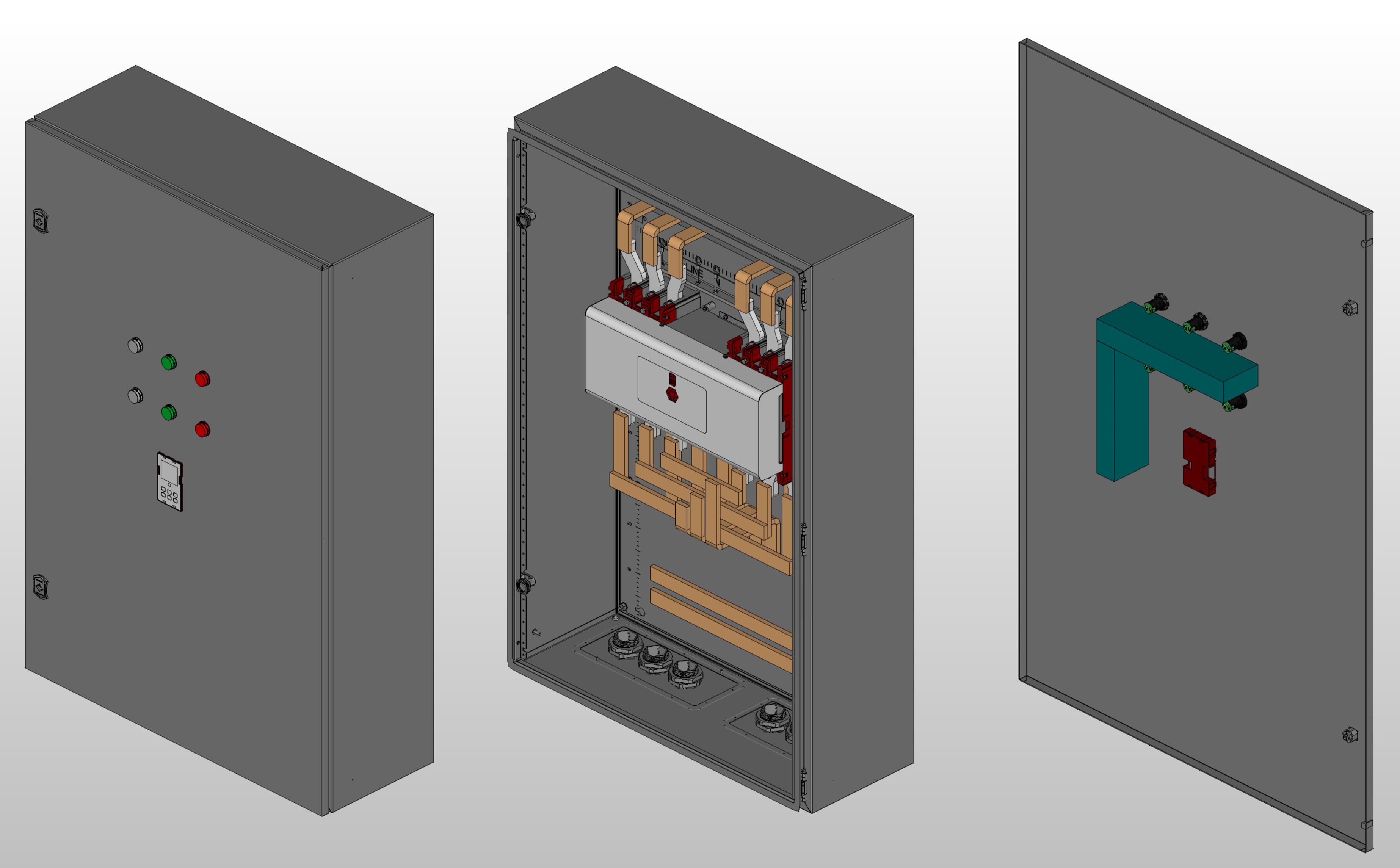 3D вид шкафа АВР на 630А, на моноблоке CHINT с 2 вводами