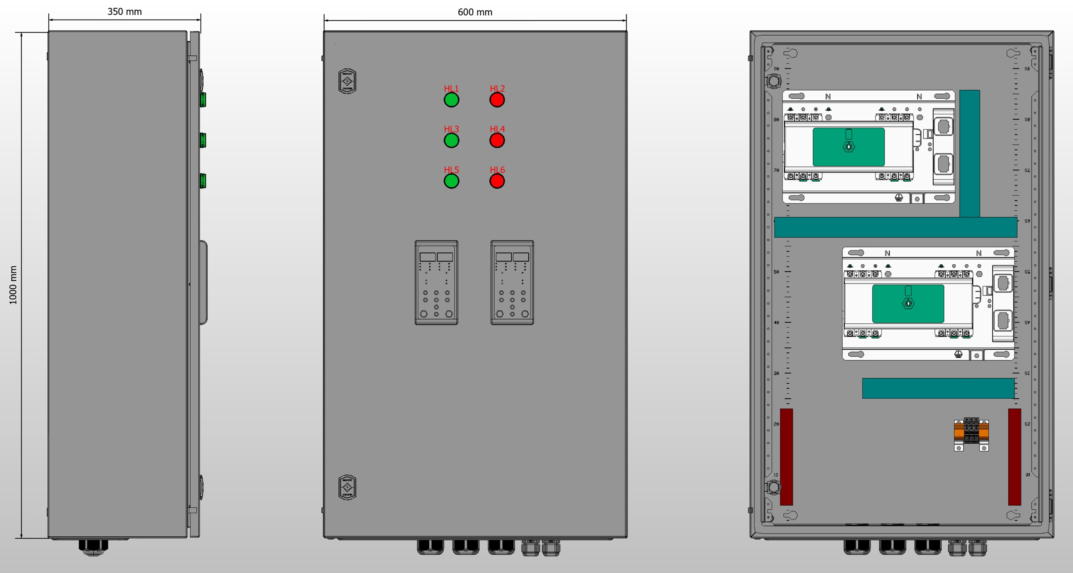 Габариты шкафа АВР на 100А, на двух моноблоках АВР-302 DEKraft 100А, 3Р, 25кА. с 3 вводами