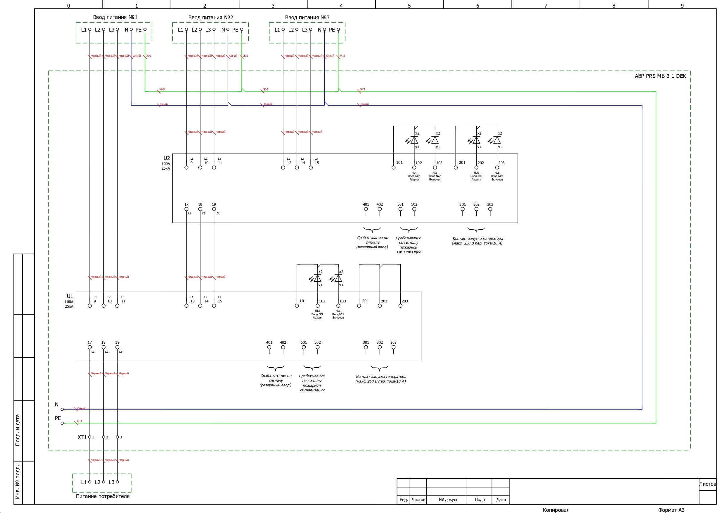 Электрическая схема шкафа АВР на 100А, на двух моноблоках АВР-302 DEKraft 100А, 3Р, 25кА, 3 ввода