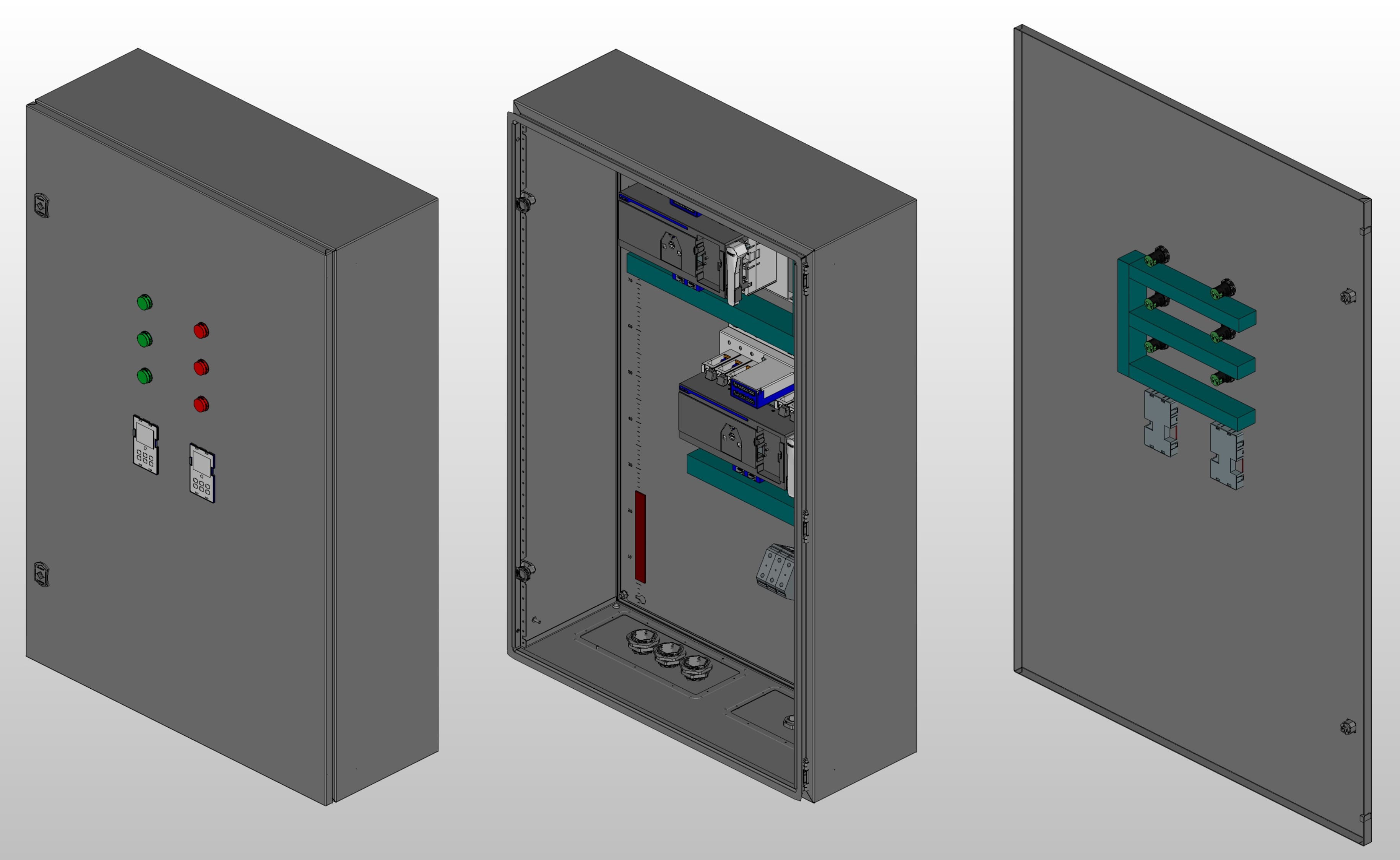 3D вид шкафа АВР на 160А, на двух моноблоках CHINT NXZM с 3 вводами