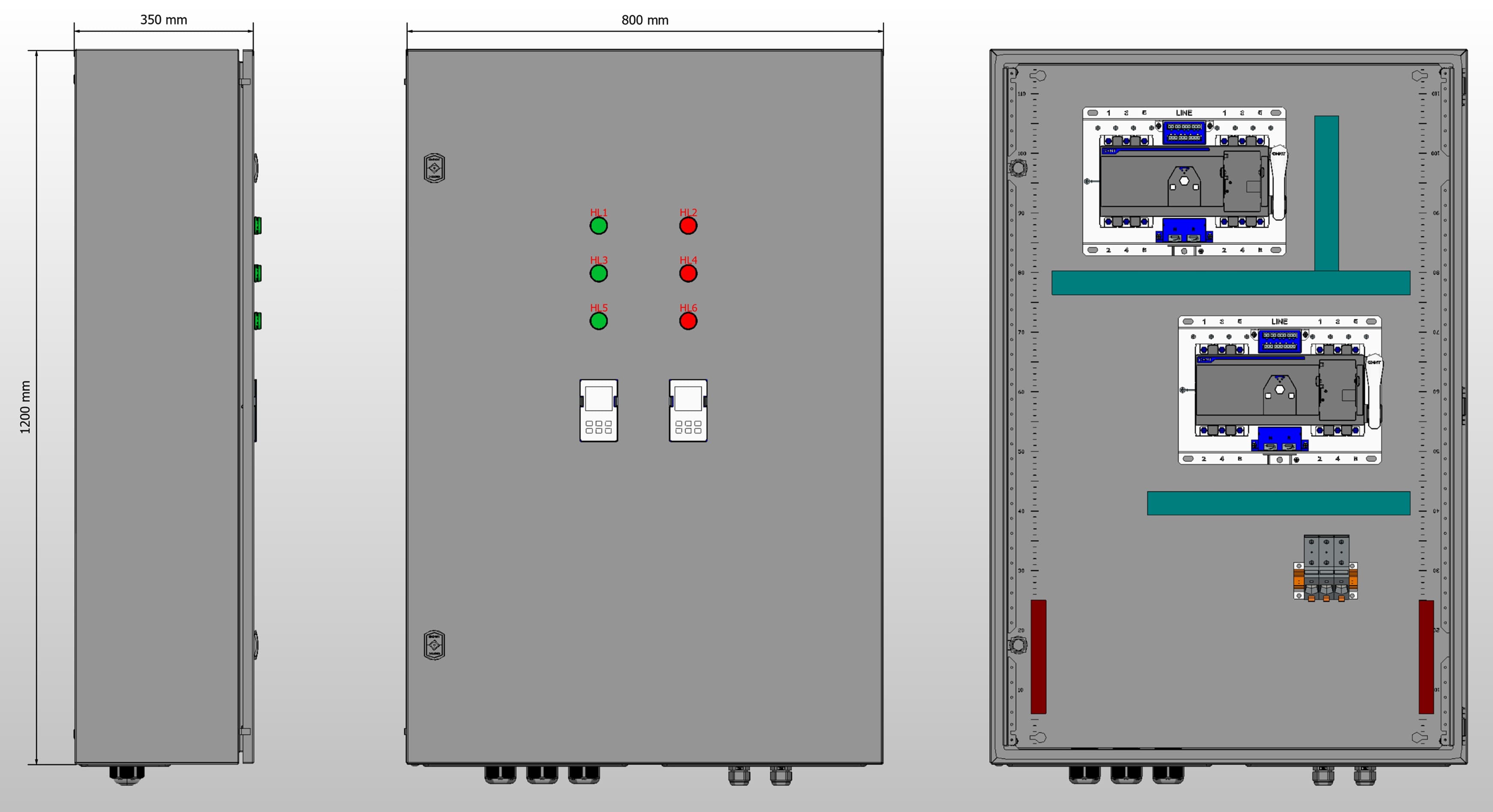 Габариты шкафа АВР на 160А, на двух моноблоках CHINT NXZM с 3 вводами