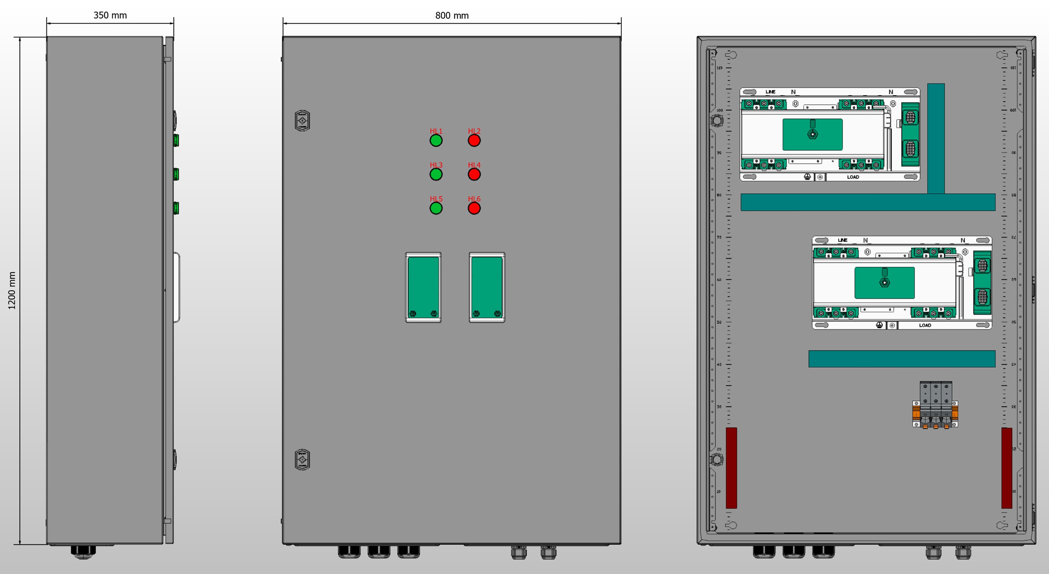 Габариты шкафа АВР на 160А, на двух моноблоках АВР-302 DEKraft 160А, 3Р, 35кА. с 3 вводами