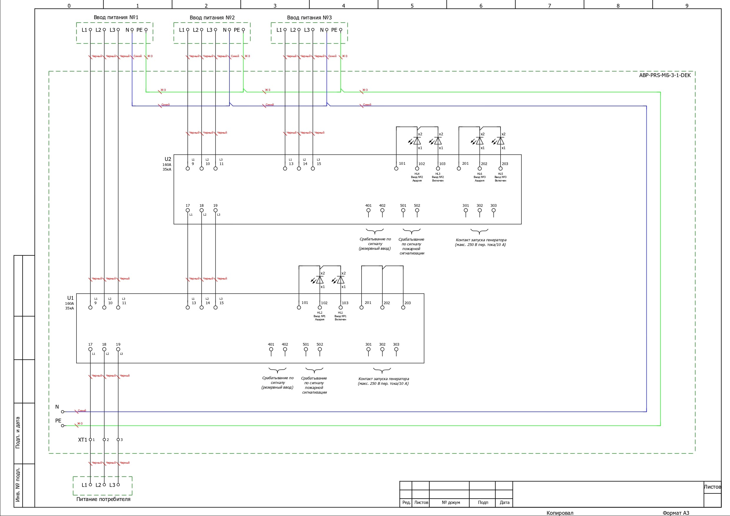 Электрическая схема шкафа АВР на 160А, на двух моноблоках АВР-302 DEKraft 160А, 3Р, 35кА, 3 ввода