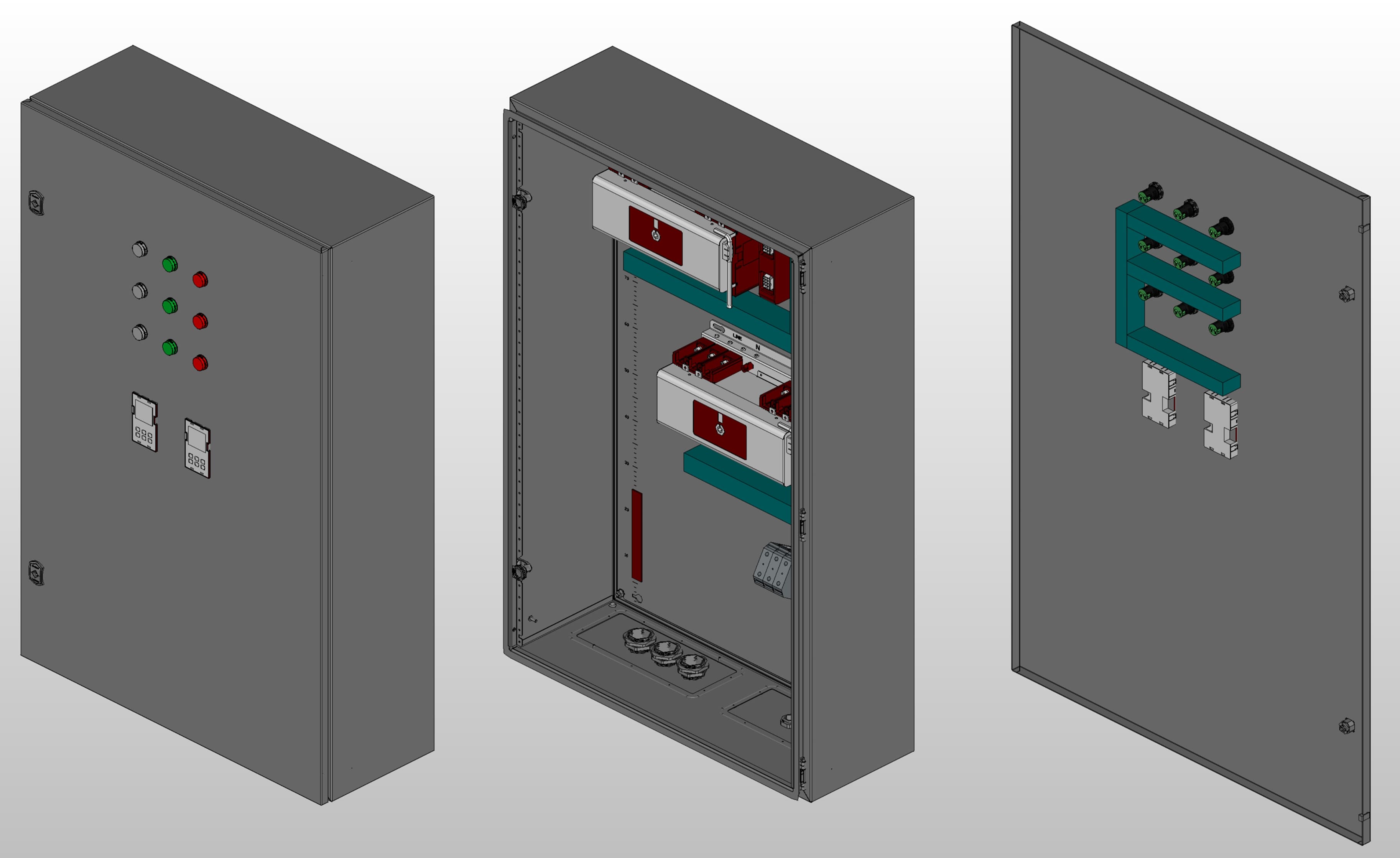 3D вид шкафа АВР на 160А, на двух моноблоках EKF TCM-100 с 3 вводами