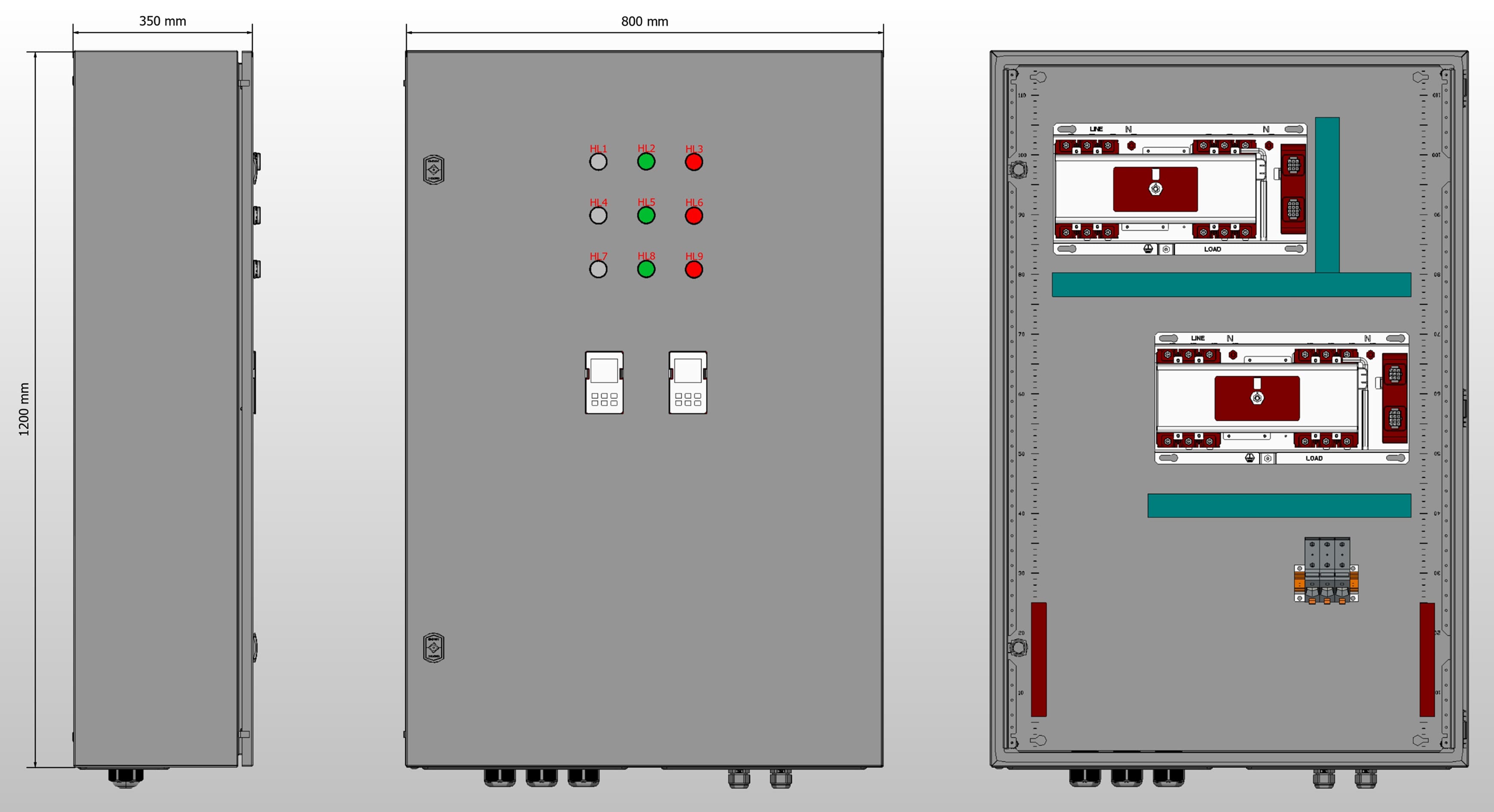 Габариты шкафа АВР на 160А, на двух моноблоках EKF TCM-100 с 3 вводами