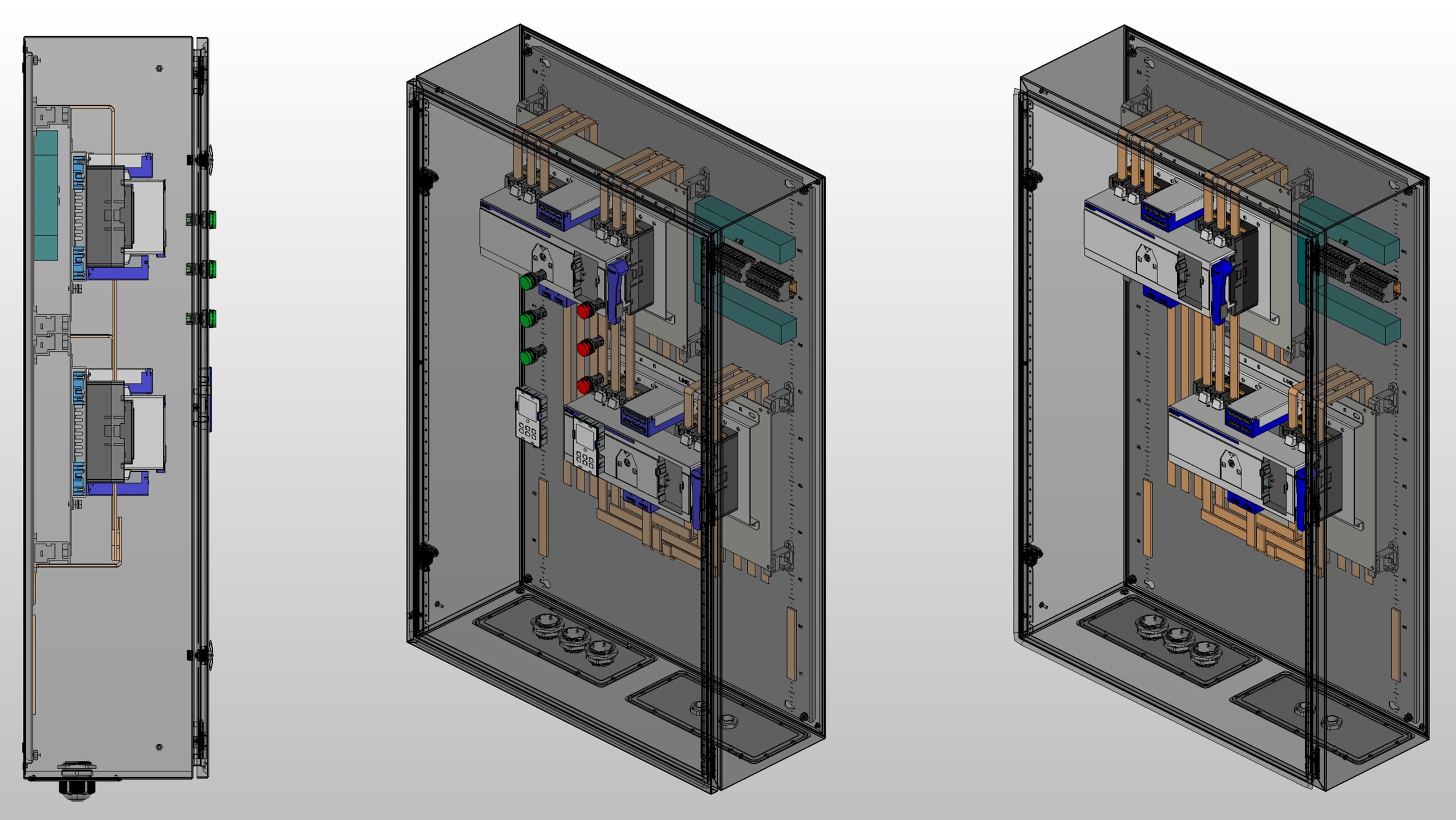 3D вид шкафа АВР на 200А, на двух моноблоках CHINT NXZM с 3 вводами