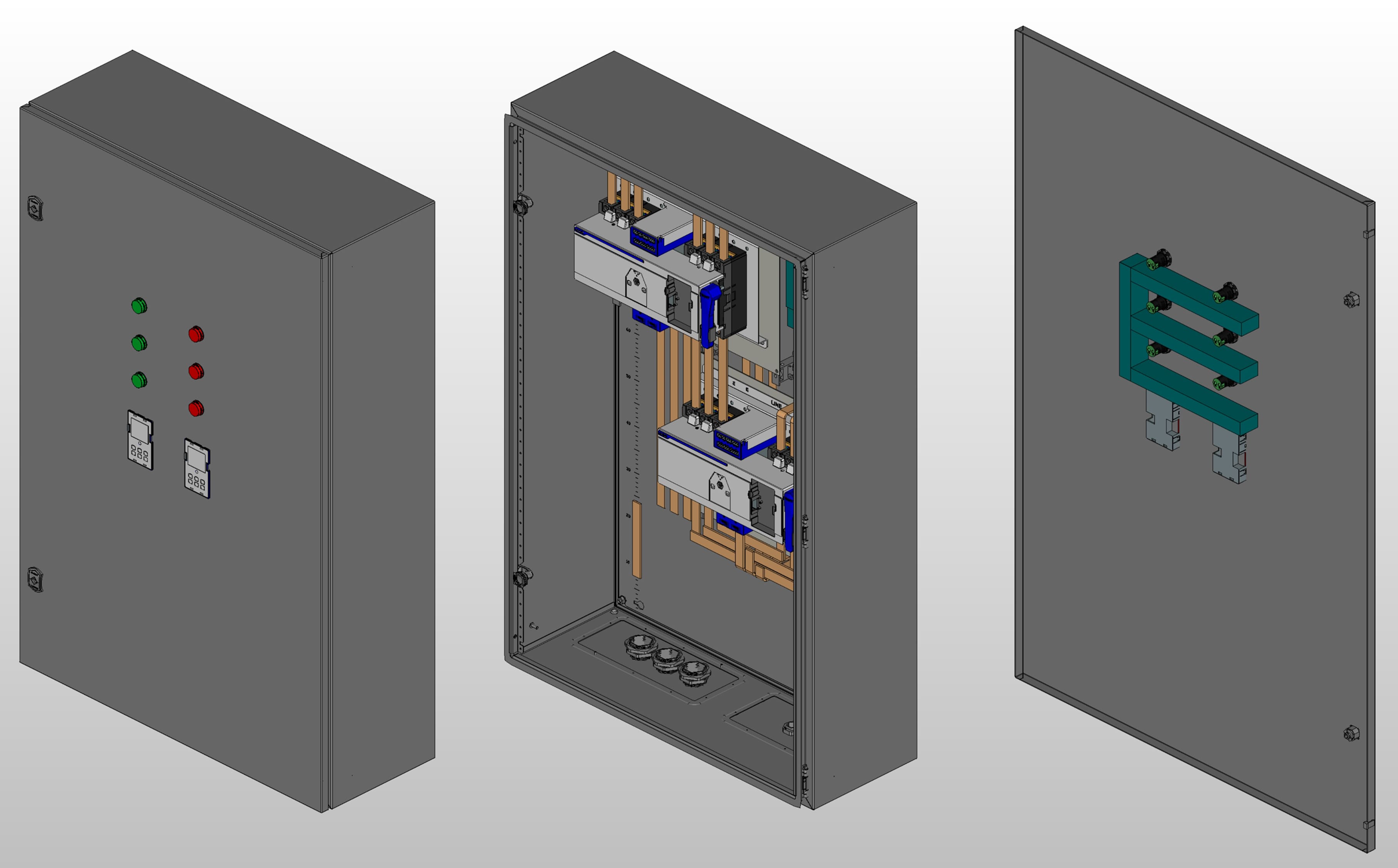 3D вид шкафа АВР на 200А, на двух моноблоках CHINT NXZM с 3 вводами