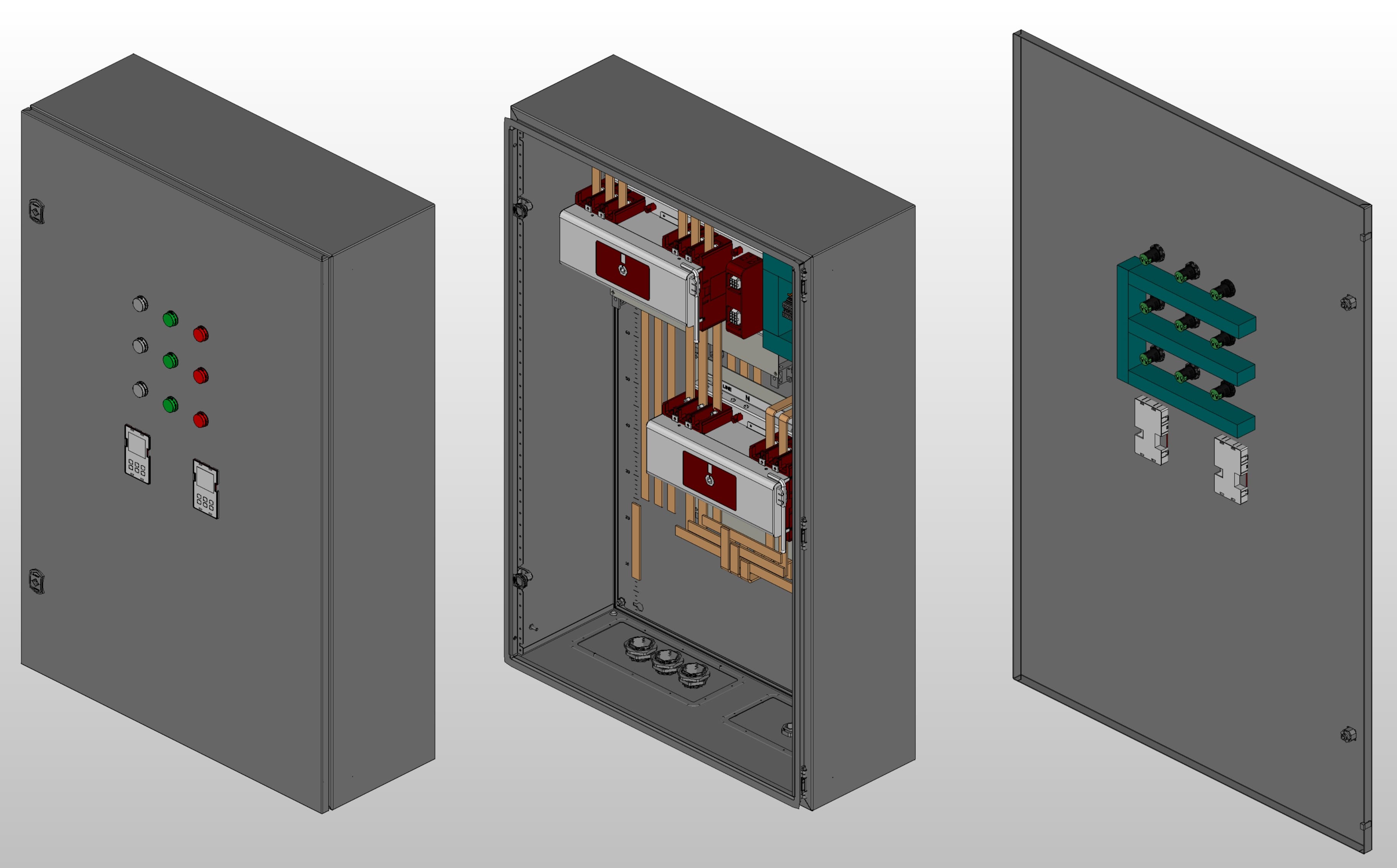 3D вид шкафа АВР на 200А, на двух моноблоках EKF TCM-225 с 3 вводами