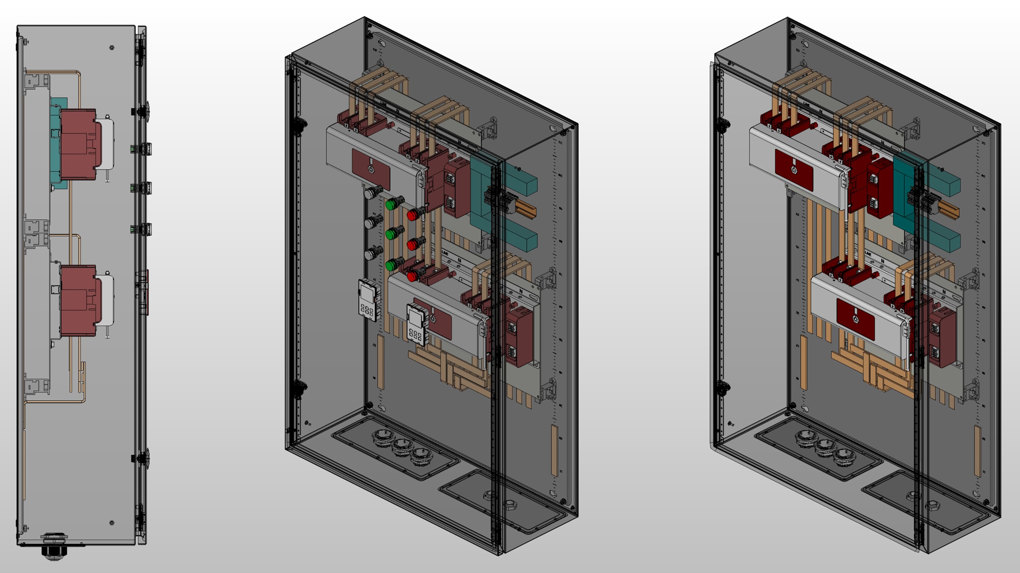 3D вид шкафа АВР на 250А, на двух моноблоках EKF TCM-225 с 3 вводами