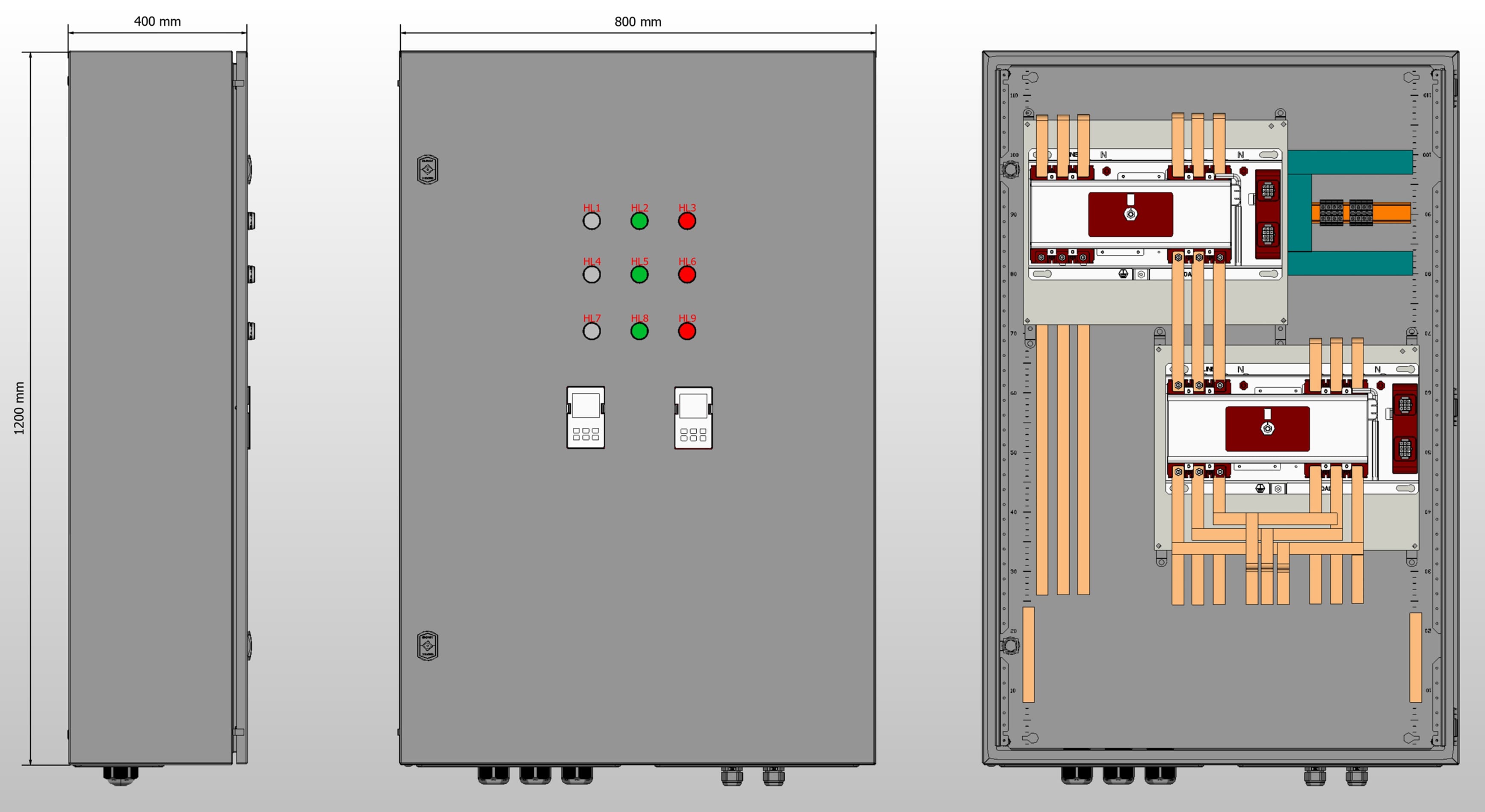 Габариты шкафа АВР на 250А, на двух моноблоках EKF TCM-400  с 3 вводами