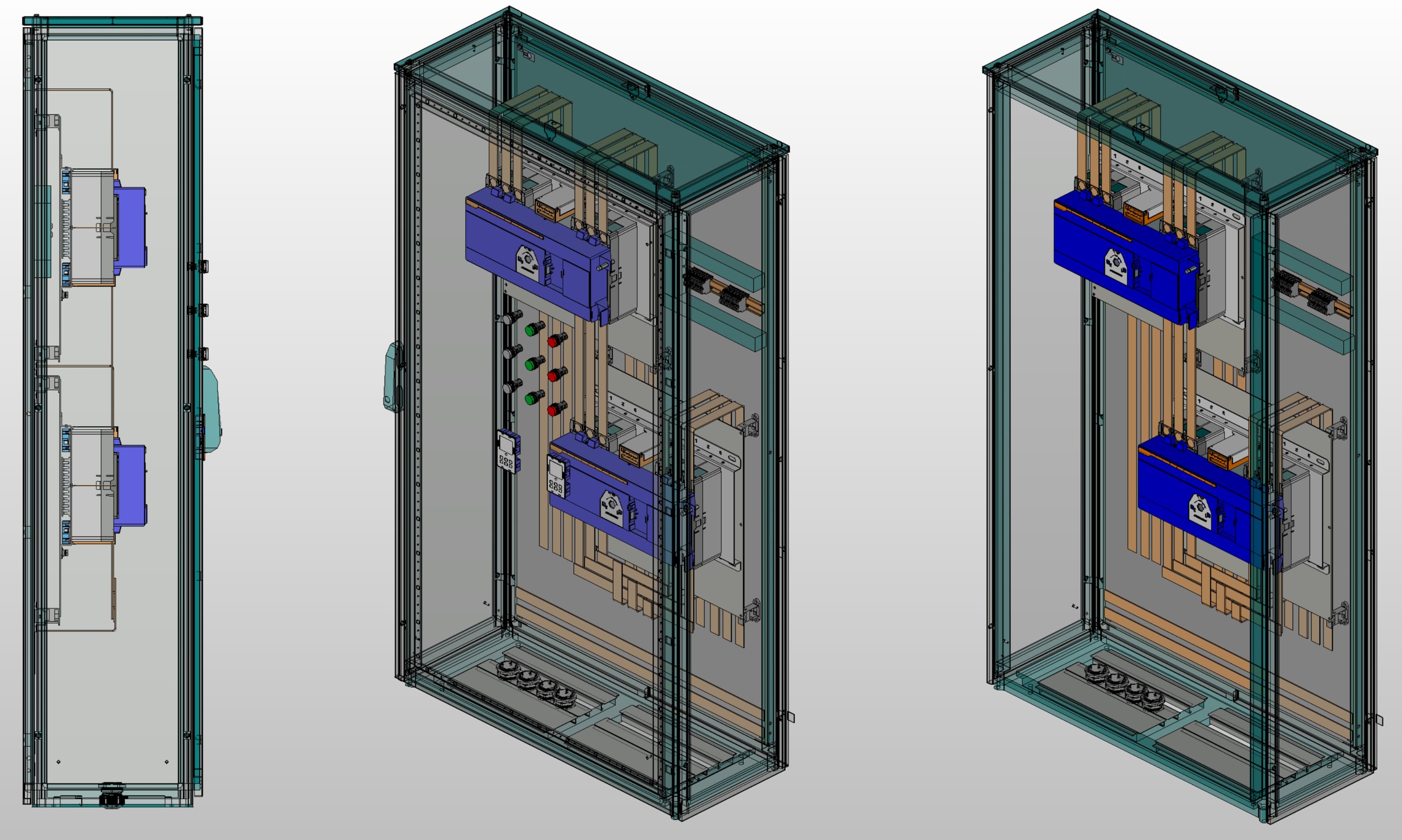 3D вид шкафа АВР на 315А, на двух моноблоках АВР HATS7 3P 315A 30kA Andeli с 3 вводами