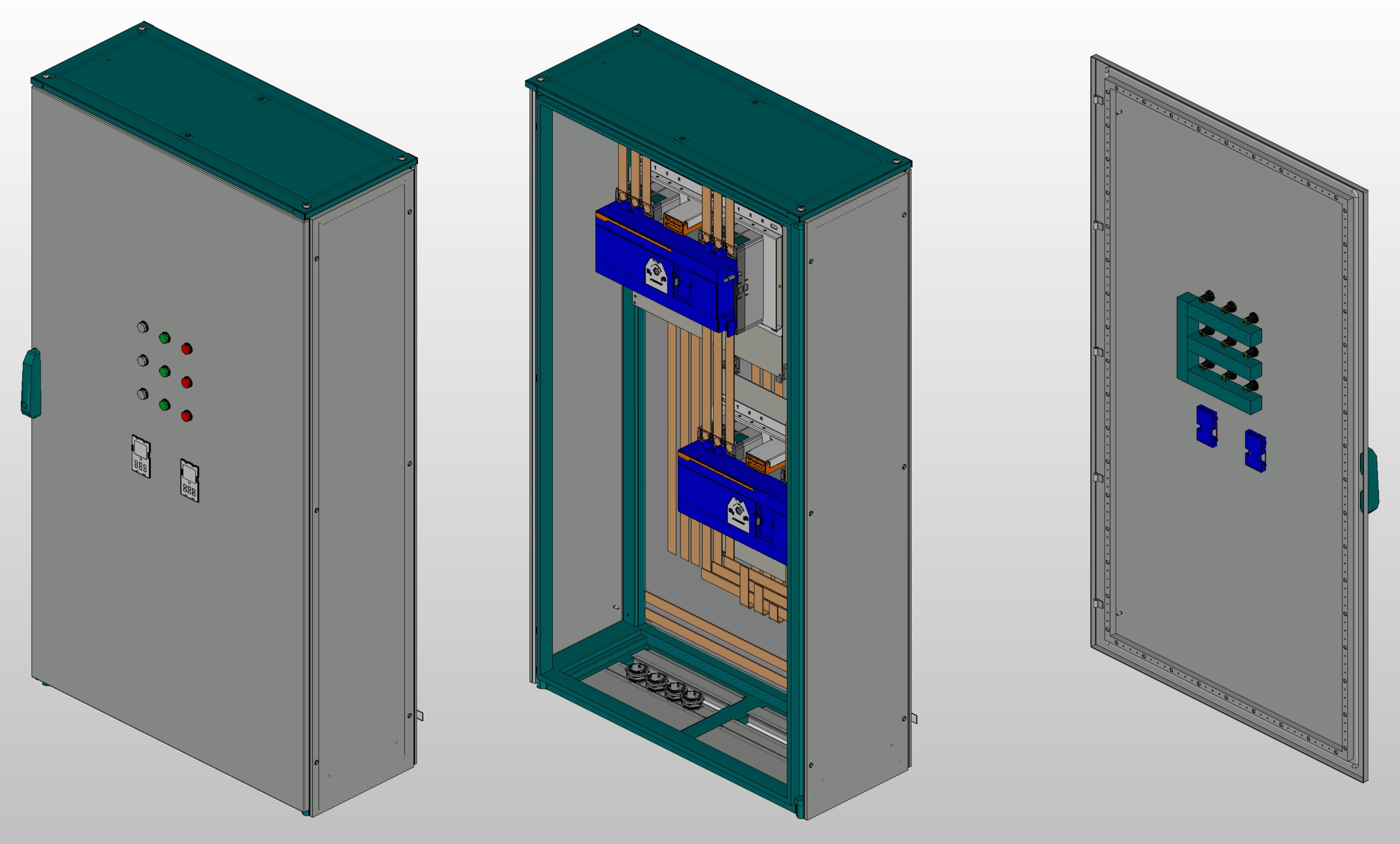 3D вид шкафа АВР на 315А, на двух моноблоках АВР HATS7 3P 315A 30kA Andeli с 3 вводами