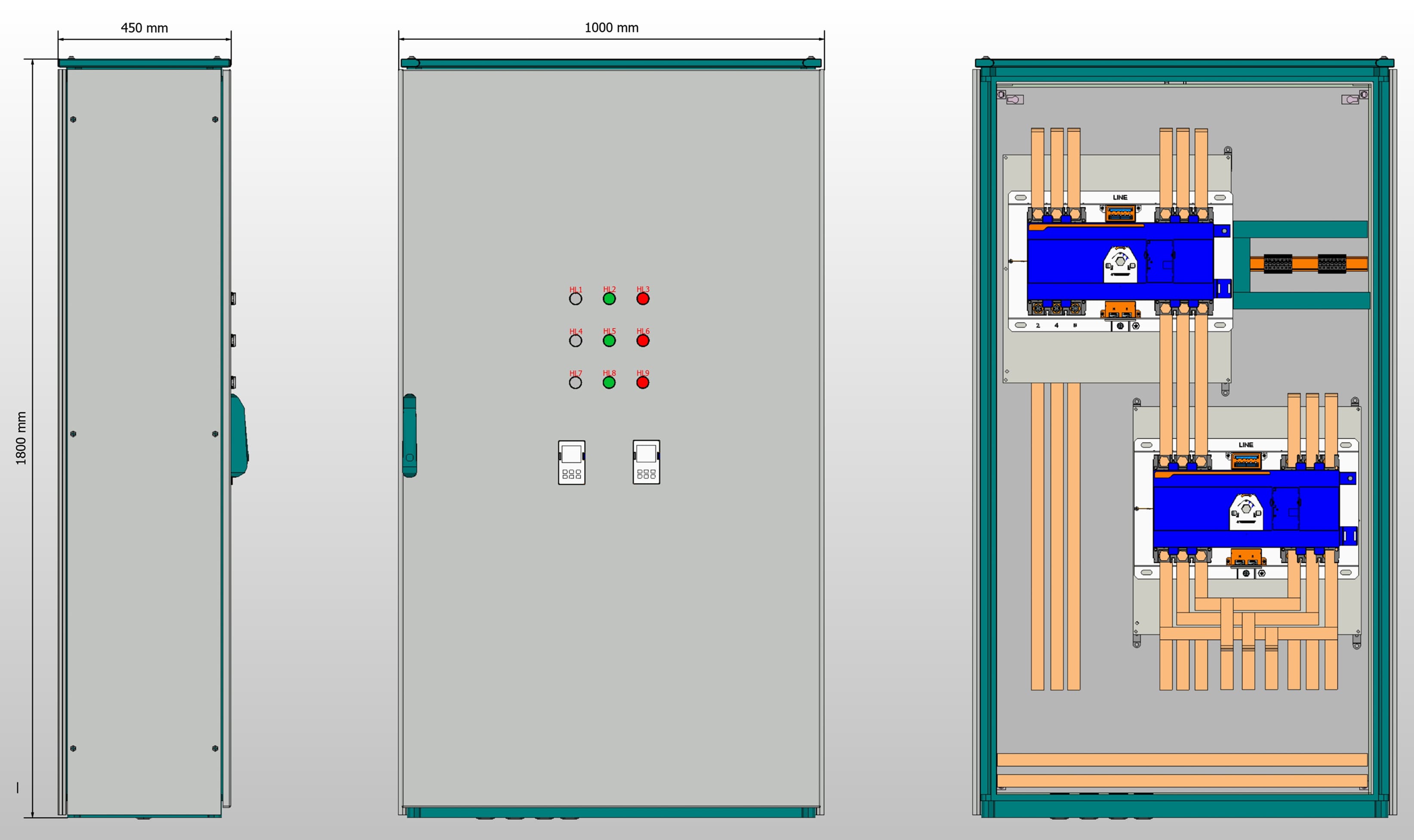Габариты шкафа АВР на 315А, на двух моноблоках АВР HATS7 3P 315A 30kA Andeli с 3 вводами