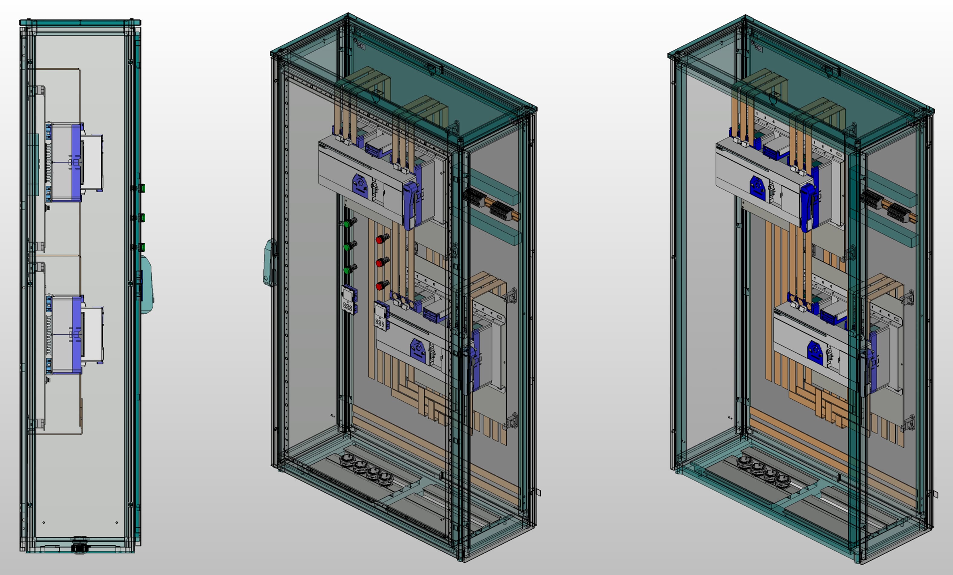 3D вид шкафа АВР на 350А, на двух моноблоках CHINT NXZM с 3 вводами