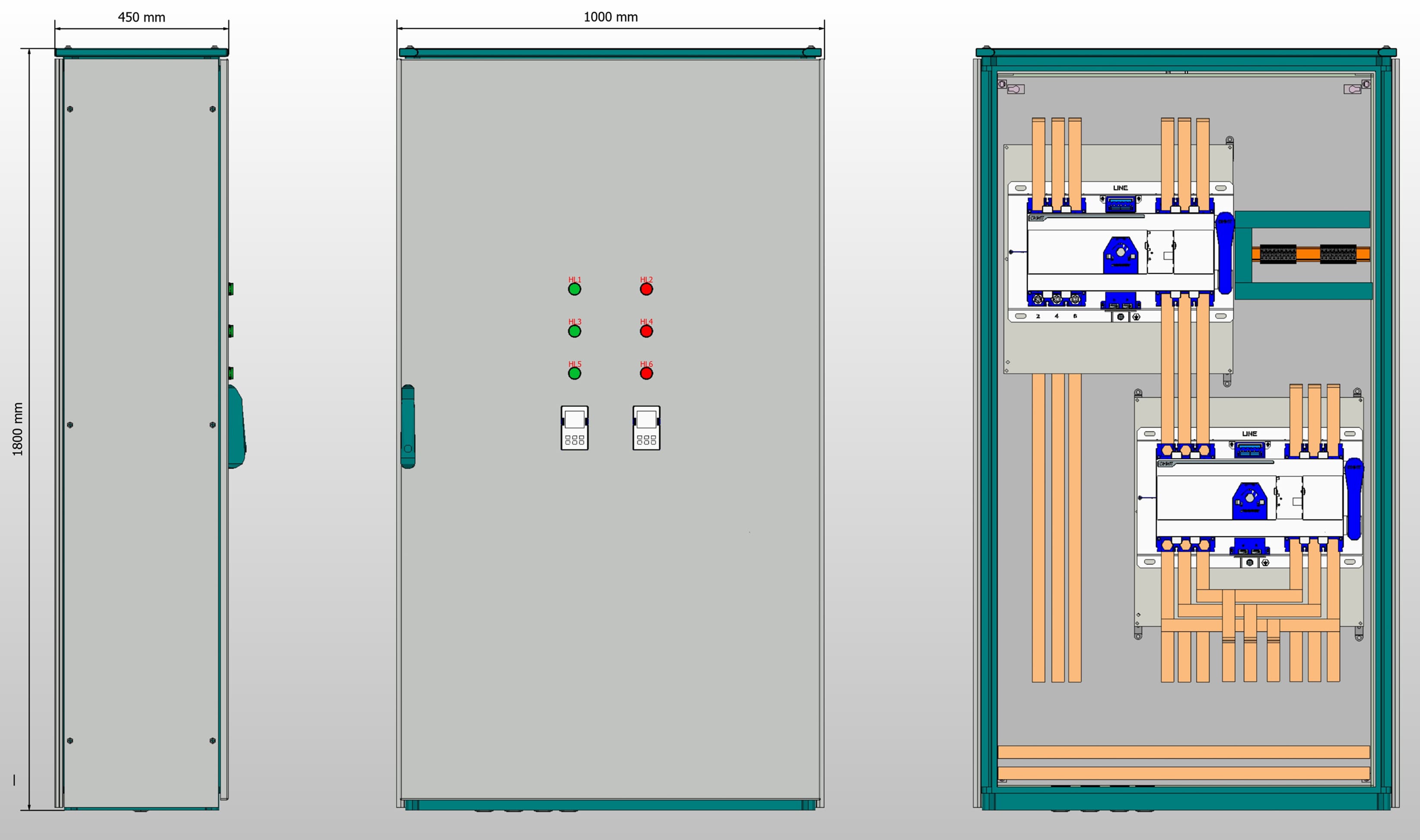 Габариты шкафа АВР на 350А, на двух моноблоках CHINT NXZM с 3 вводами