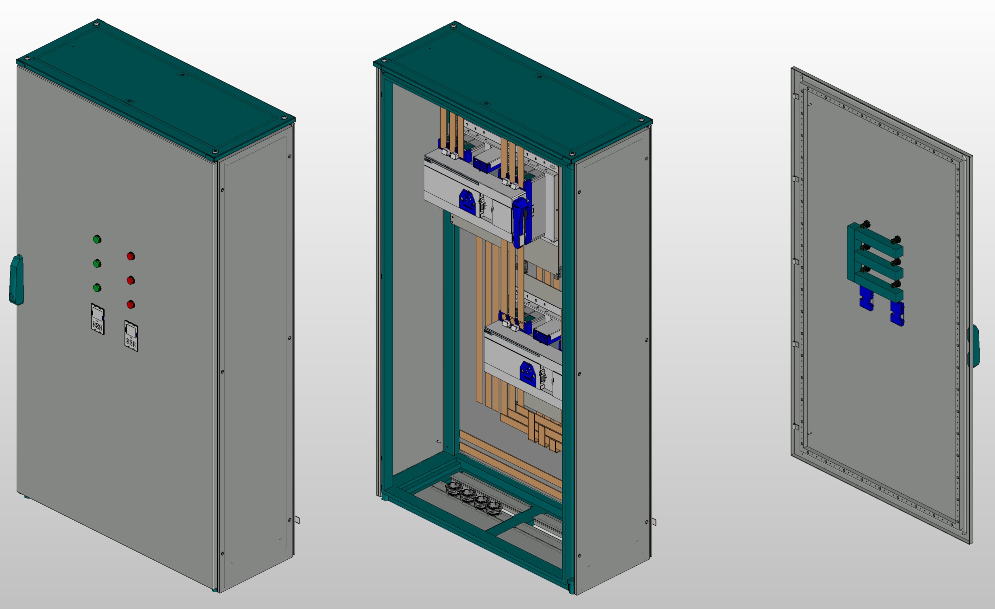 3D вид шкафа АВР на 400А, на двух моноблоках CHINT NXZM с 3 вводами