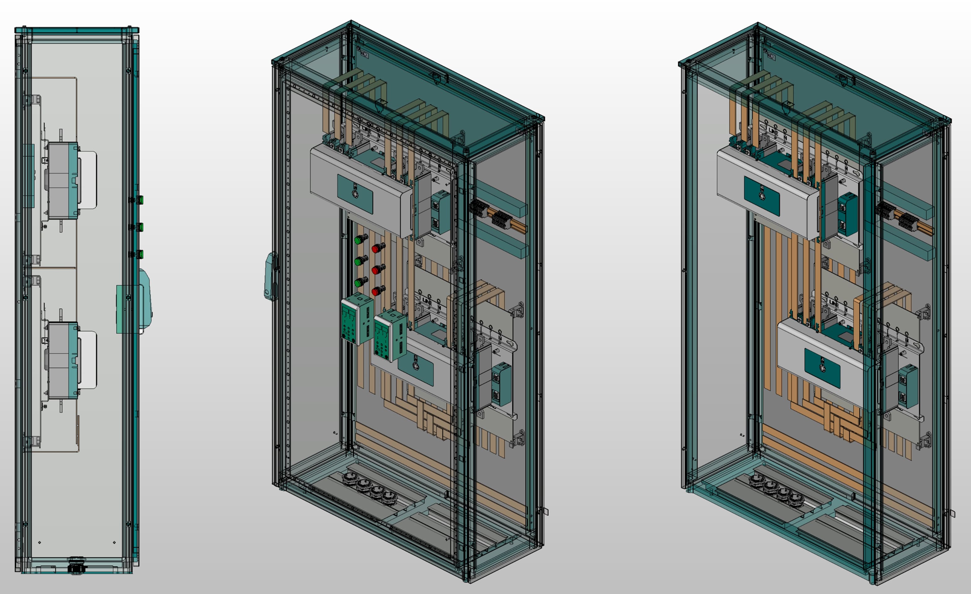 3D вид шкафа АВР на 630А, на двух моноблоках АВР-304 DEKraft 400А, 3Р, 50кА с 3 вводами