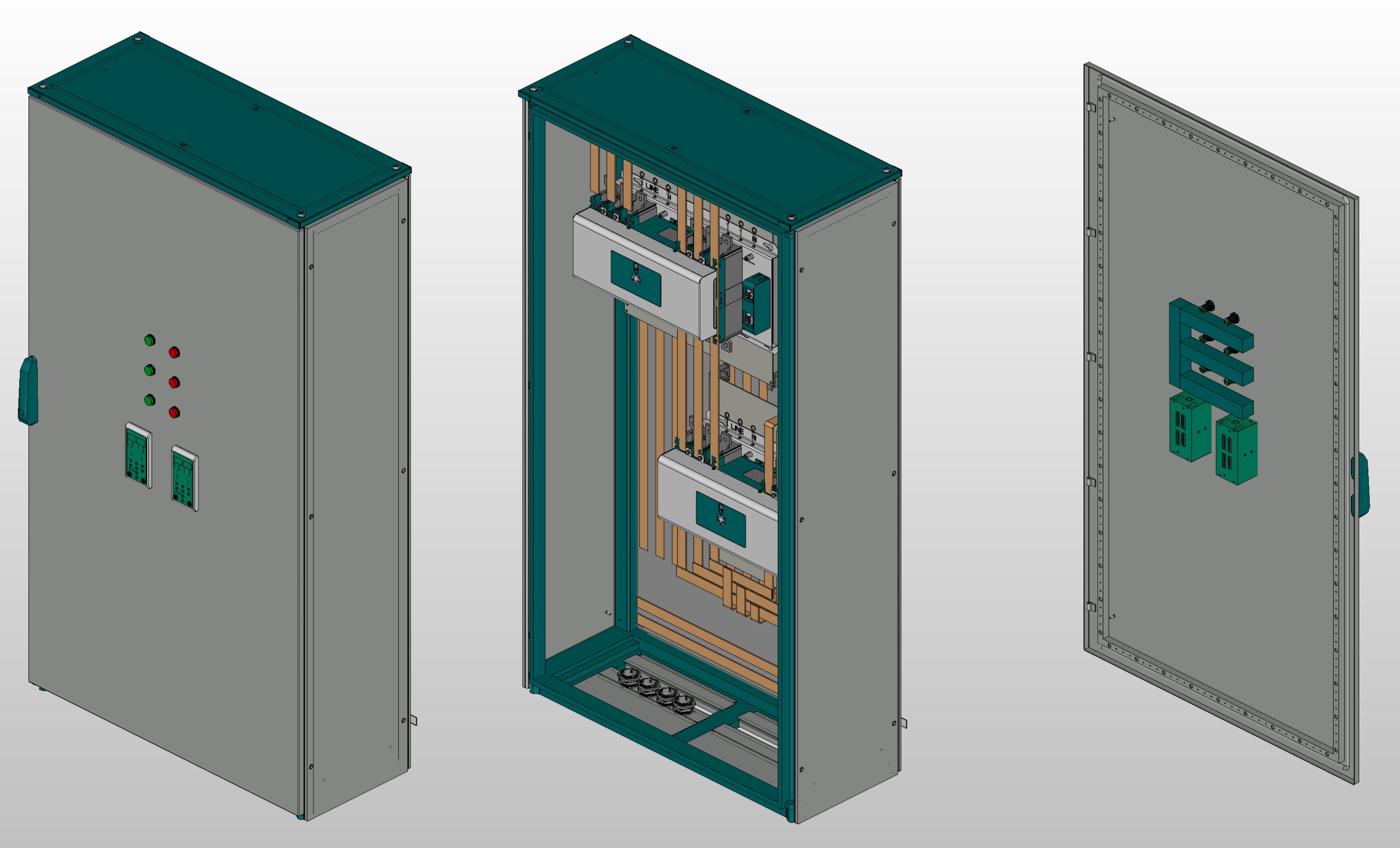 3D вид шкафа АВР на 400А, на двух моноблоках АВР-304 DEKraft 400А, 3Р, 50кА. с 3 вводами