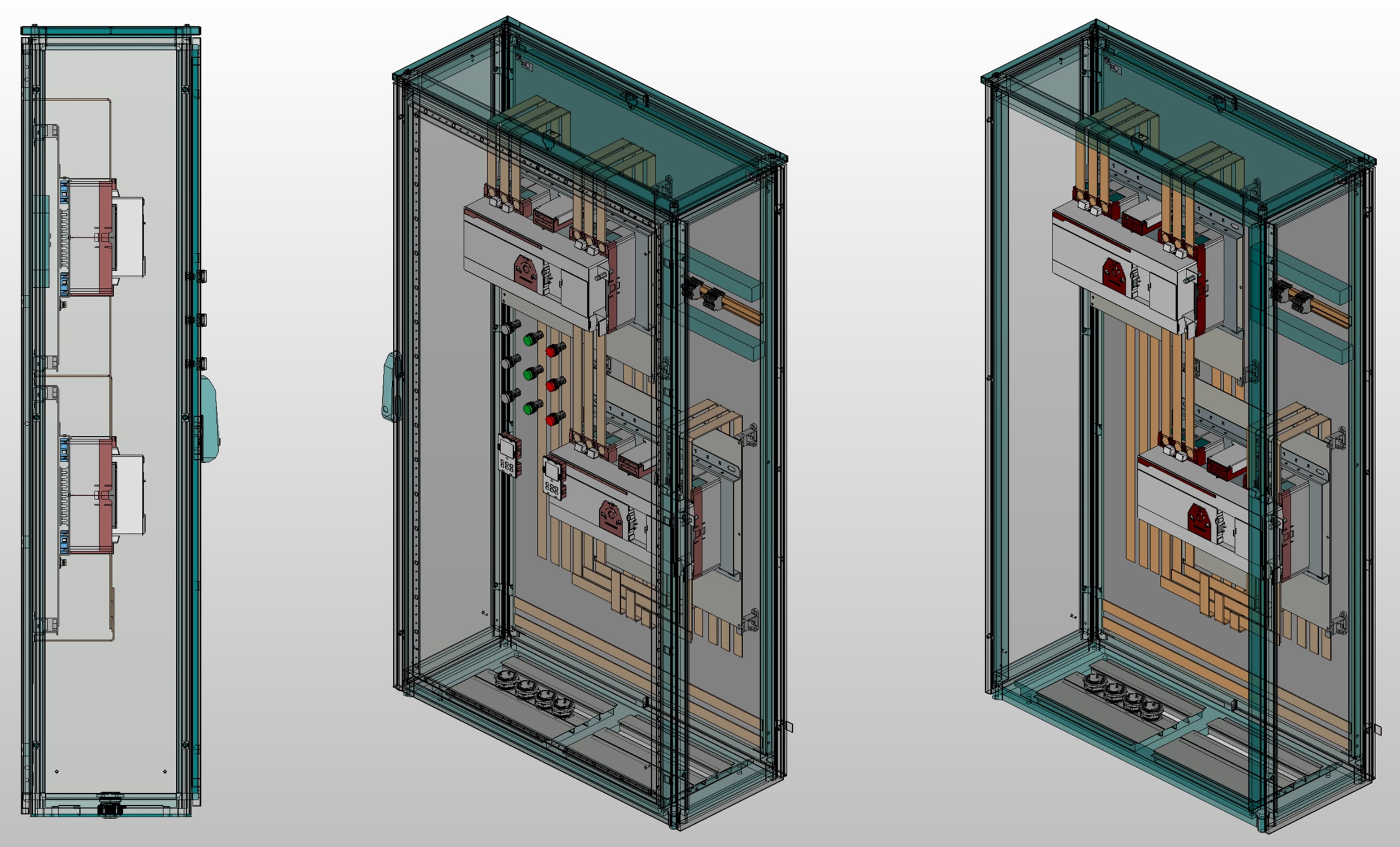 3D вид шкафа АВР на 400А, на двух моноблоках EKF TCM-400 с 3 вводами