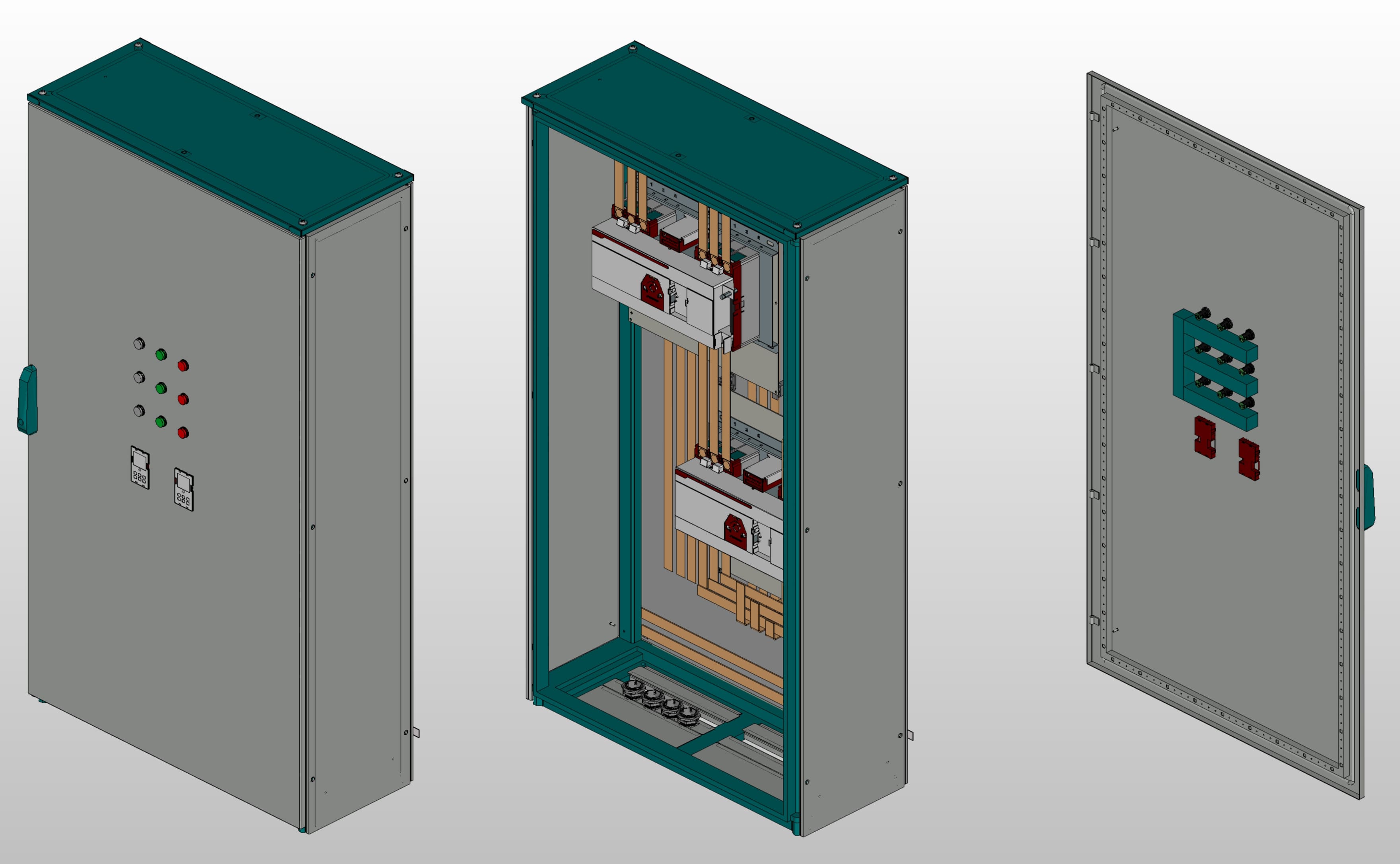 3D вид шкафа АВР на 400А, на двух моноблоках EKF TCM-400 с 3 вводами