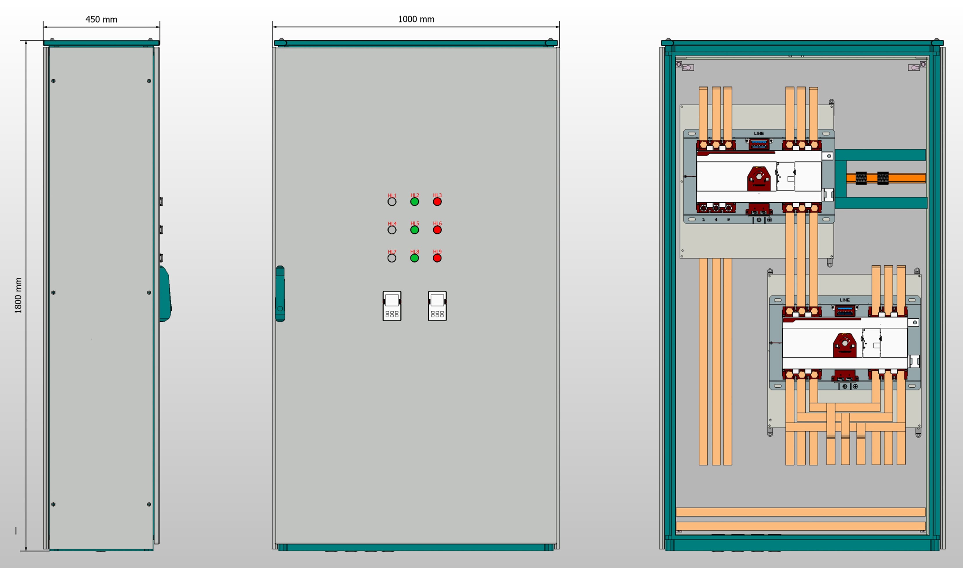 Габариты шкафа АВР на 400А, на двух моноблоках EKF TCM-400  с 3 вводами
